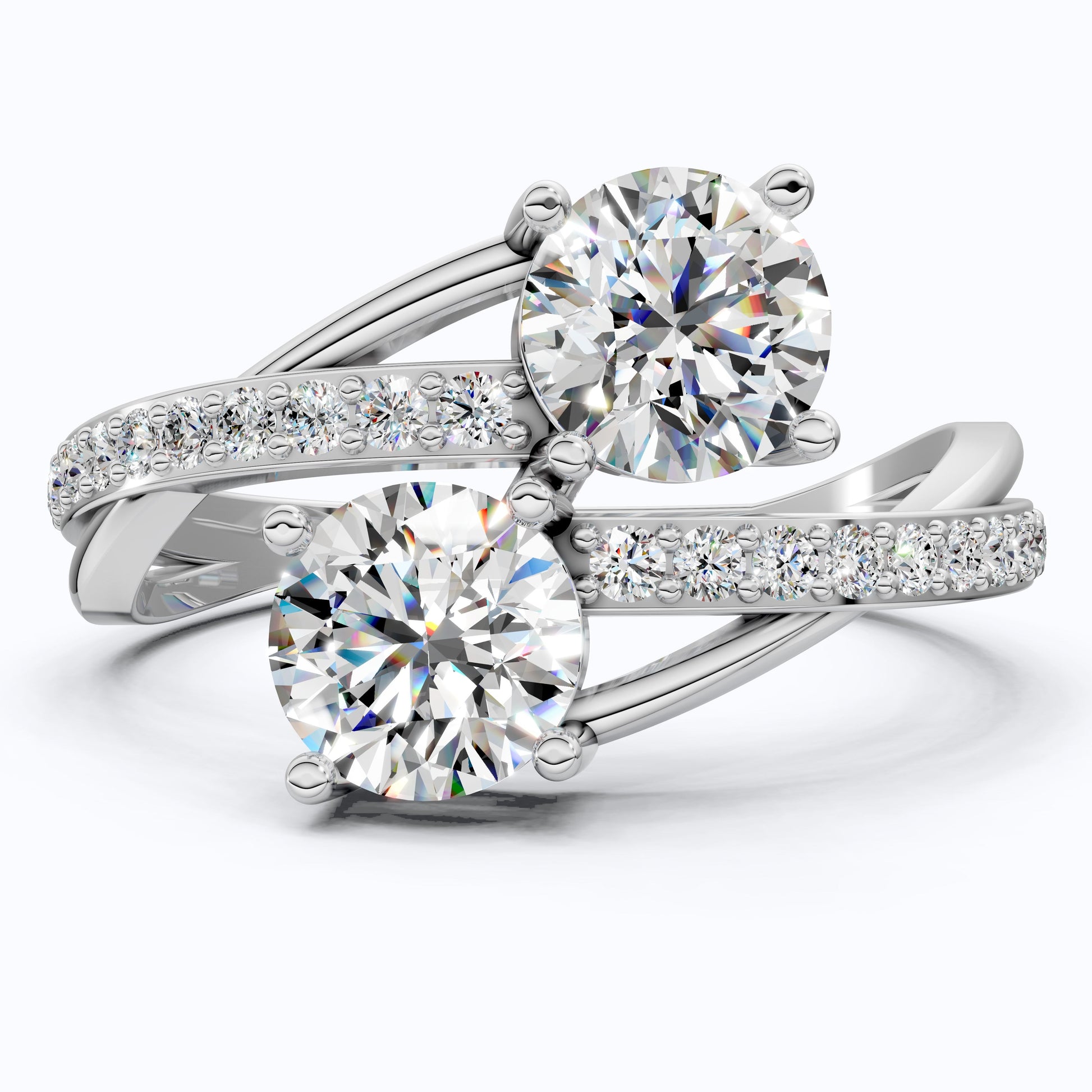 Twisted Pavé Double Stone Engagement Ring in 14K Solid Gold, Anniversary Gift for Wife, Modern Elegant Twisted Bypass Ring