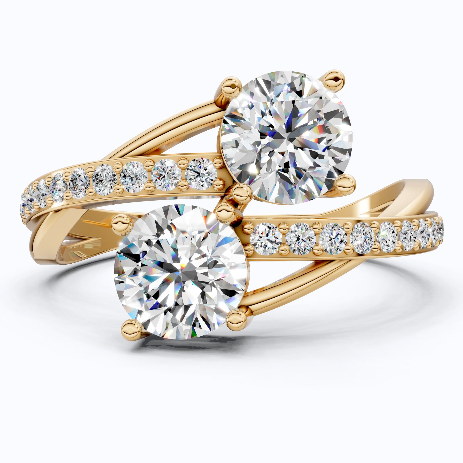 Twisted Pavé Double Stone Engagement Ring in 14K Solid Gold, Anniversary Gift for Wife, Modern Elegant Twisted Bypass Ring