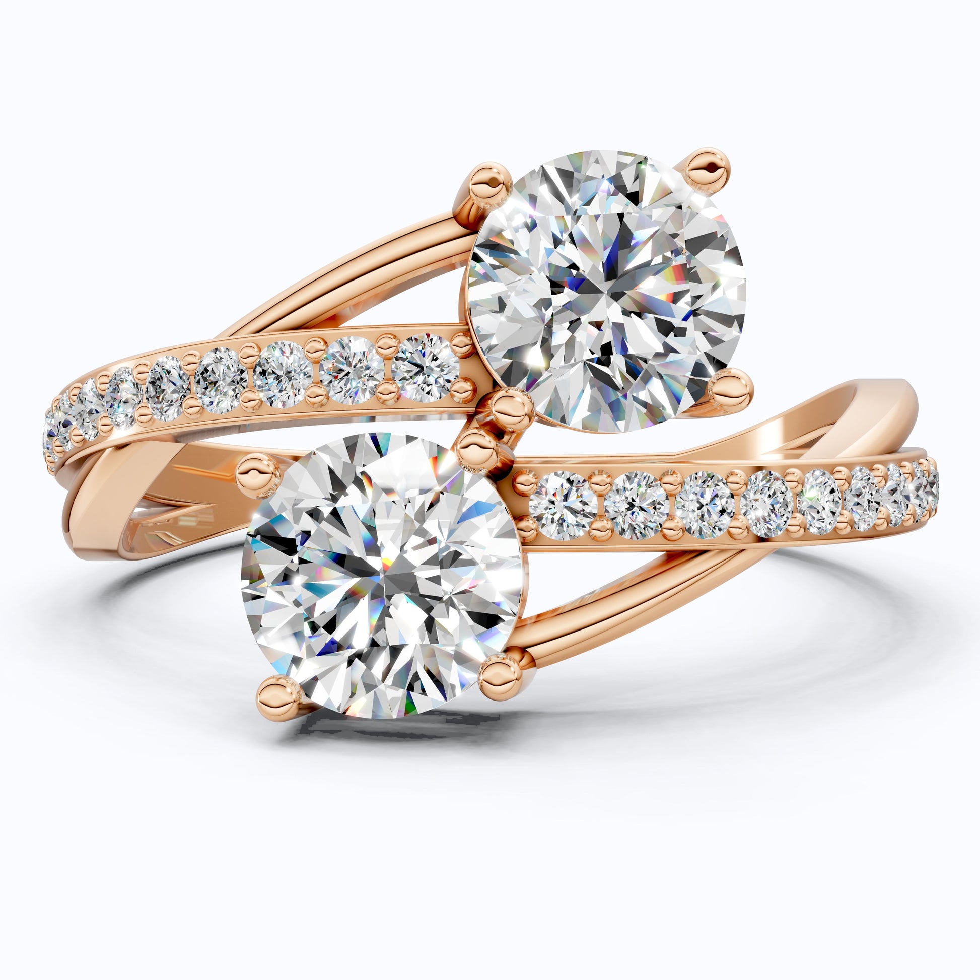 Twisted Pavé Double Stone Engagement Ring in 14K Solid Gold, Anniversary Gift for Wife, Modern Elegant Twisted Bypass Ring