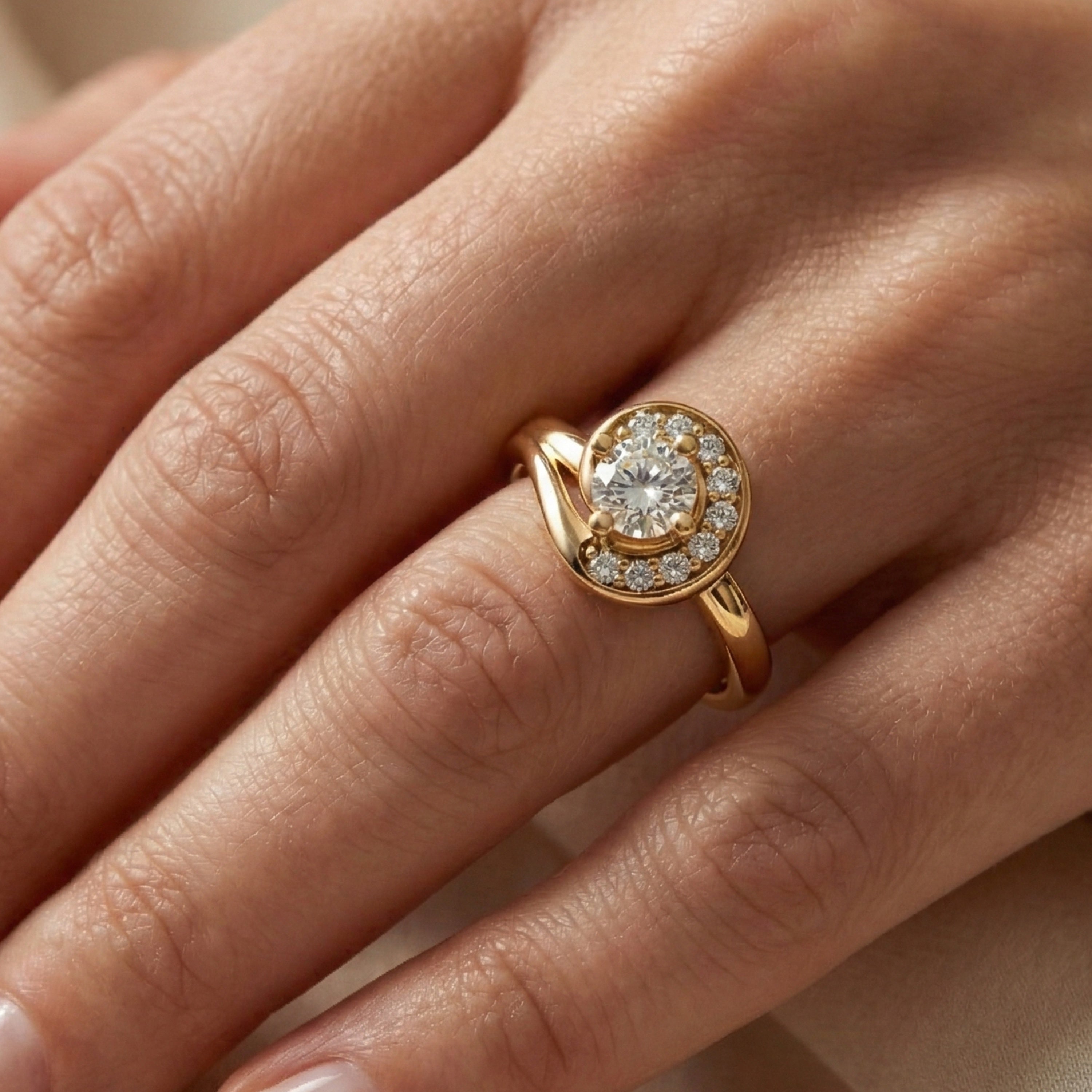 Swirl Halo Ring with Round Center in 18K Solid Gold or Sterling Silver Engagement Ring Gift for Women, Antique Ring