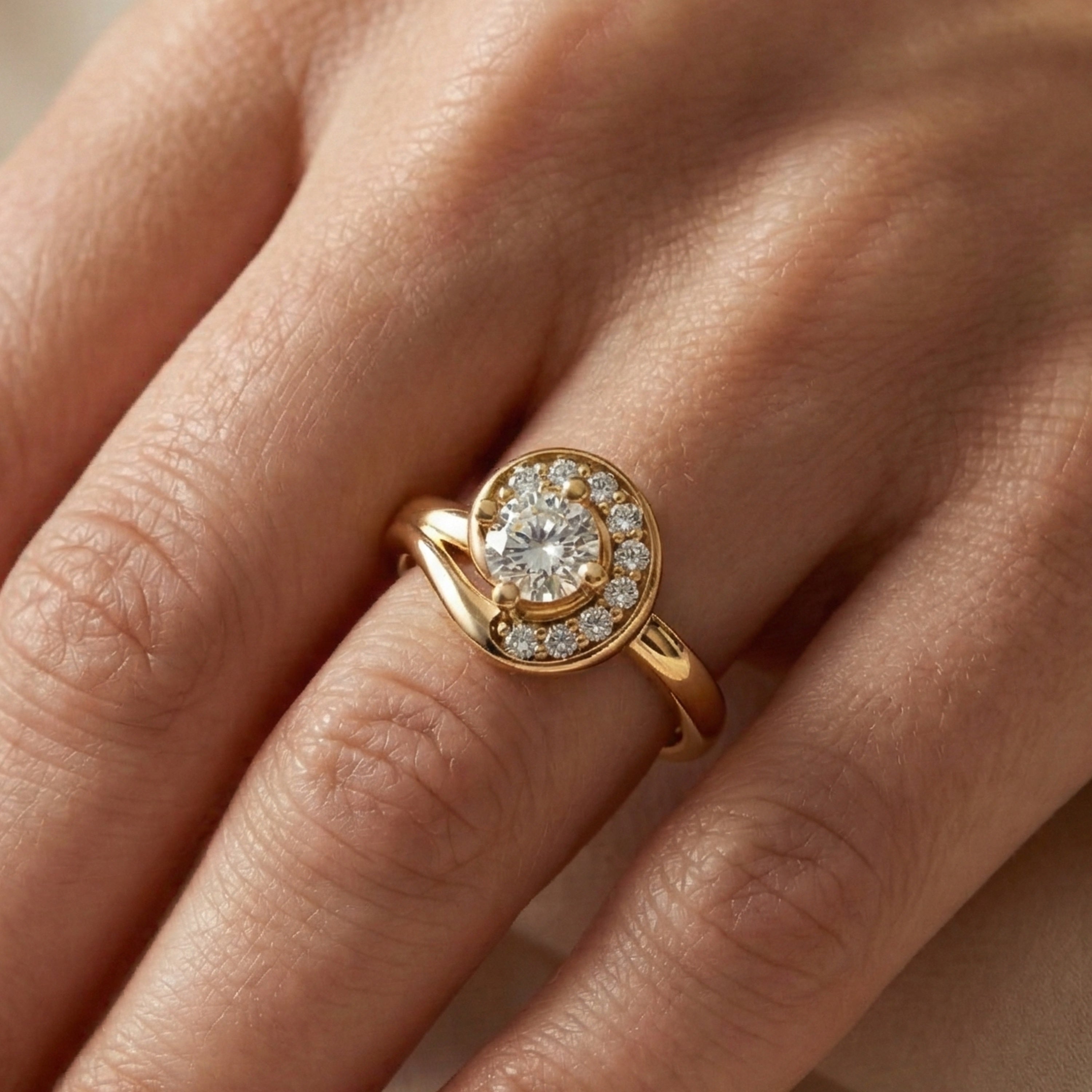 Swirl Halo Ring with Round Center in 18K Solid Gold or Sterling Silver Engagement Ring Gift for Women, Antique Ring