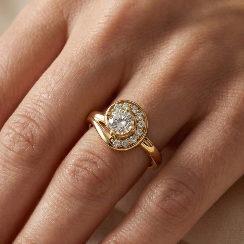 Swirl Halo Ring with Round Center in 18K Solid Gold or Sterling Silver Engagement Ring Gift for Women, Antique Ring