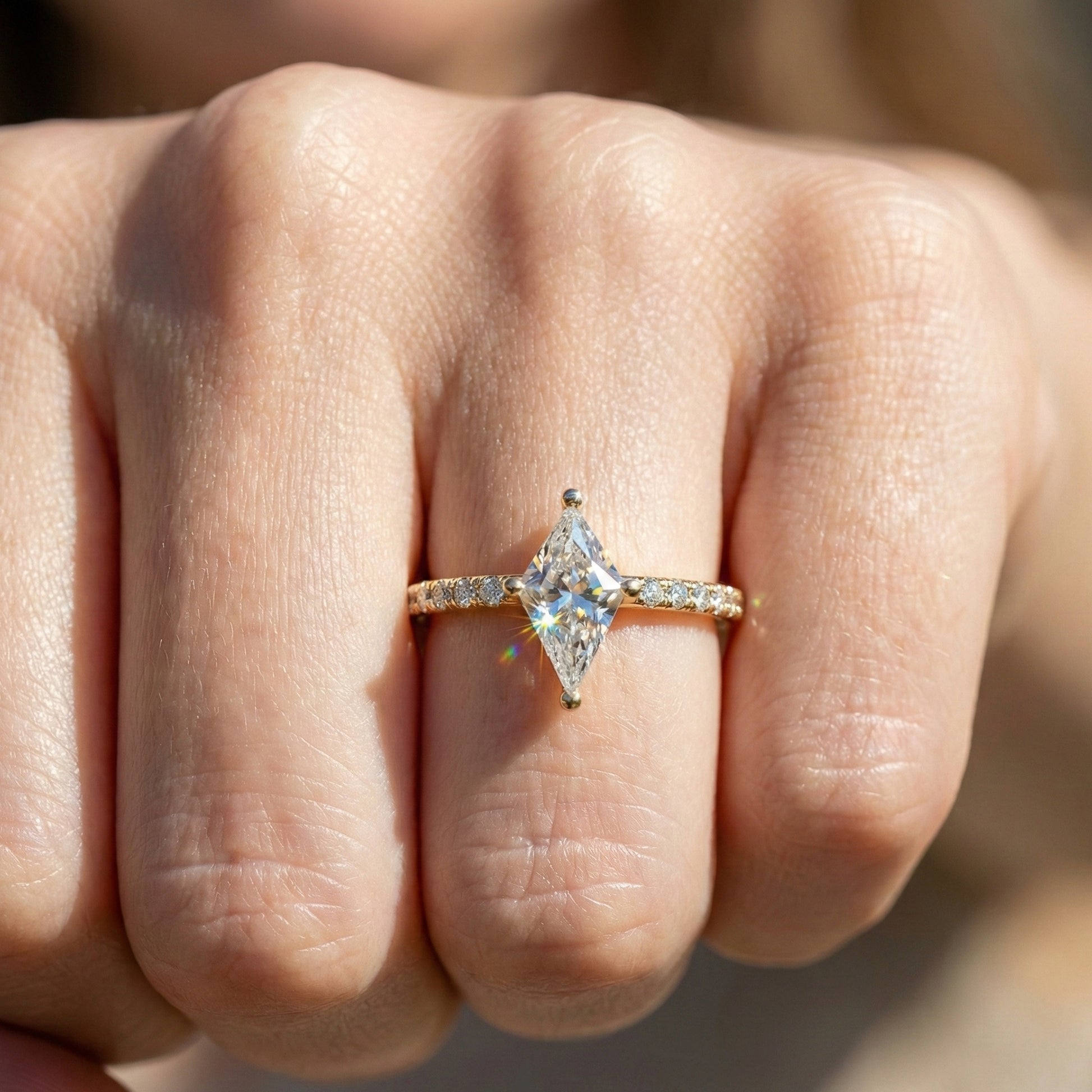 0.40 CT Kite Cut Solitaire Accent Pave Engagement Ring in Lab Diamond - 14K Solid Gold, Promise Ring, Bridal Gift, Everyday Gift for Her