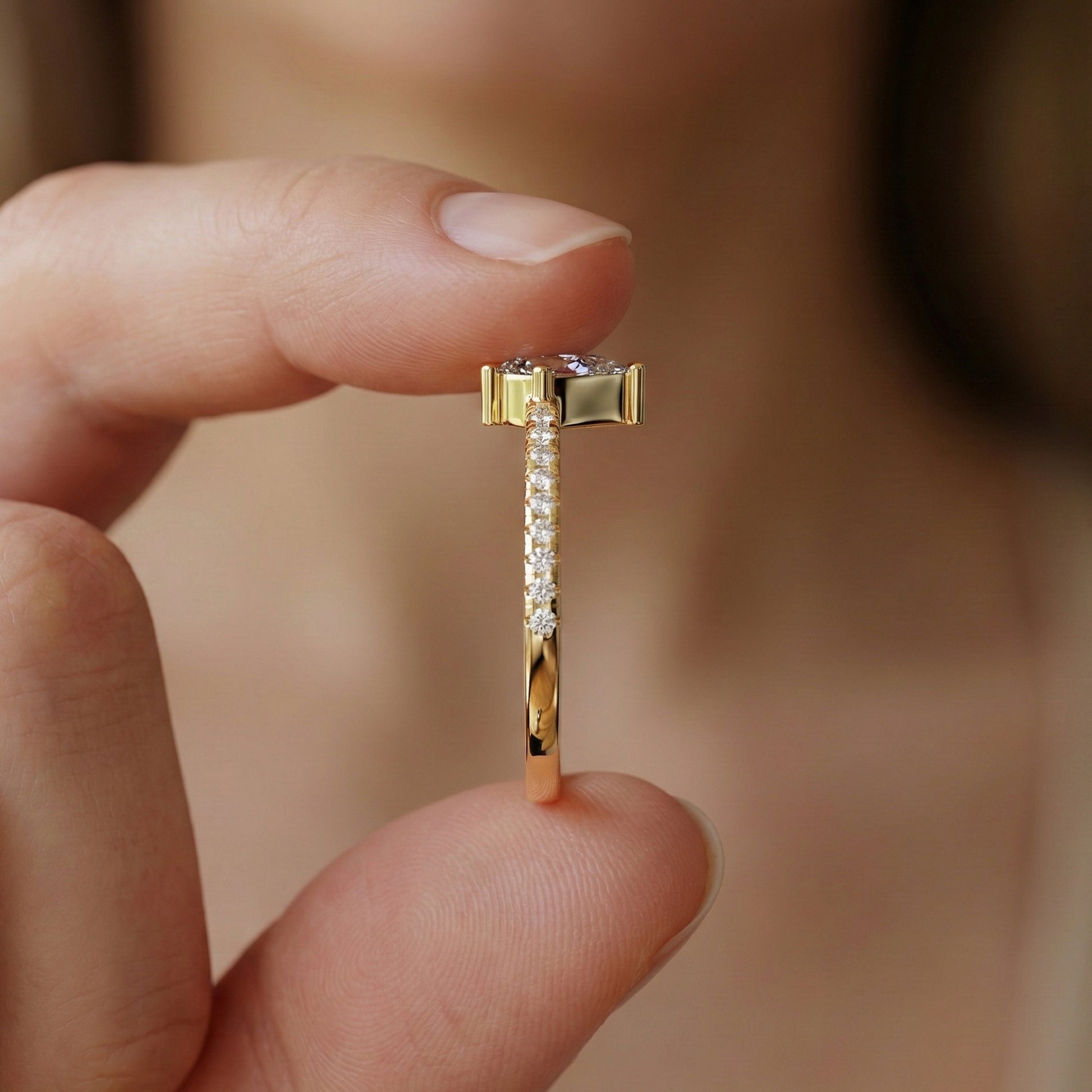 0.40 CT Kite Cut Solitaire Accent Pave Engagement Ring in Lab Diamond - 14K Solid Gold, Promise Ring, Bridal Gift, Everyday Gift for Her