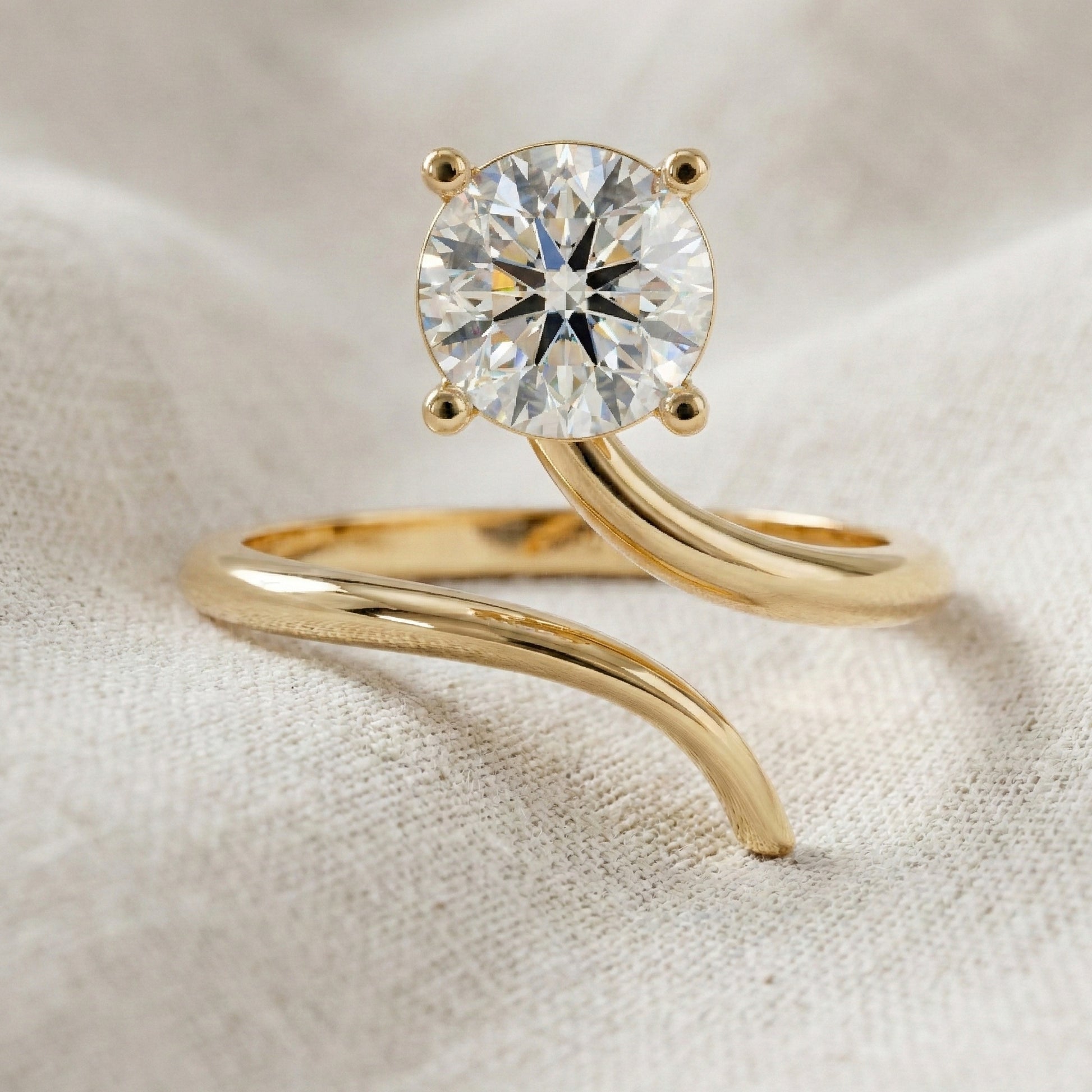 Twisted Band Bypass Solitaire Engagement Ring in 14k Solid Gold, 1.00 CT Round Cut Lab Created Diamond, Unique Shank Ring, Anniversary Gift for Women