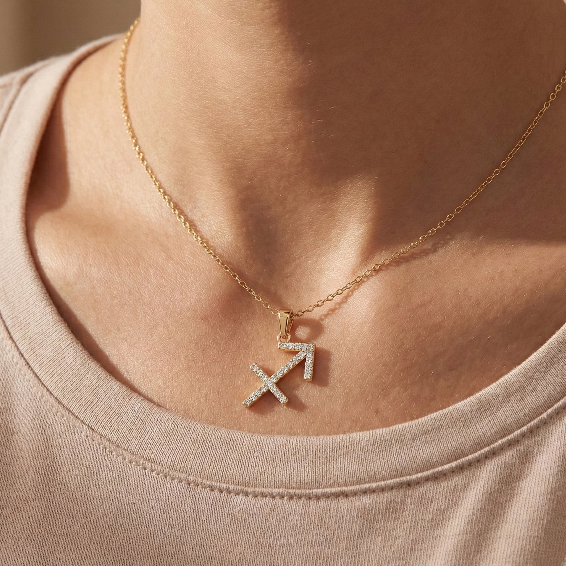 Minimalist Sagittarius Zodiac Arrow Pavé Charm Pendant in Lab Diamond – 14k Solid Gold, Everyday Jewelry, Birthday Gift for Her/Him