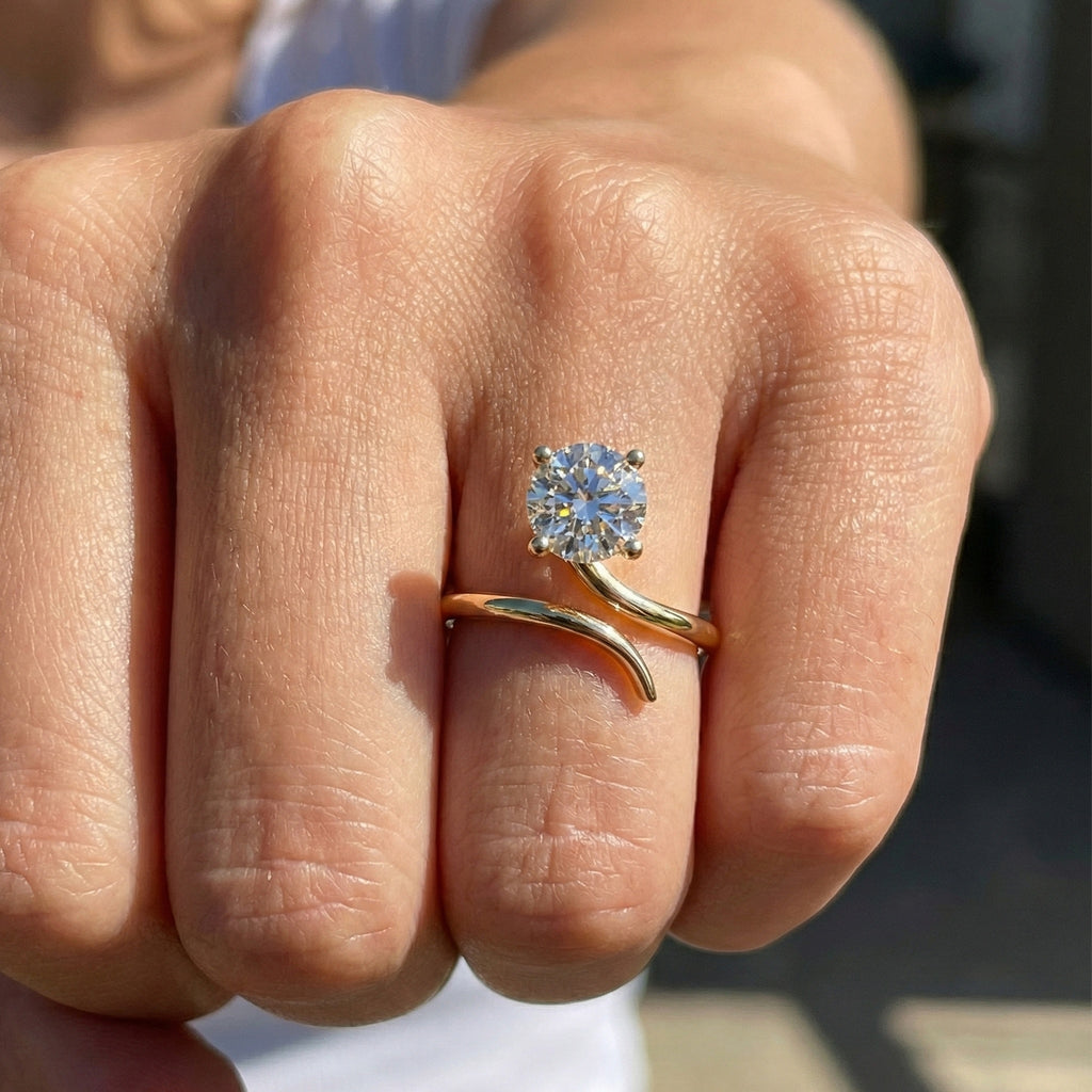Twisted Band Bypass Solitaire Engagement Ring in 14k Solid Gold, 1.00 CT Round Cut Lab Created Diamond, Unique Shank Ring, Anniversary Gift for Women