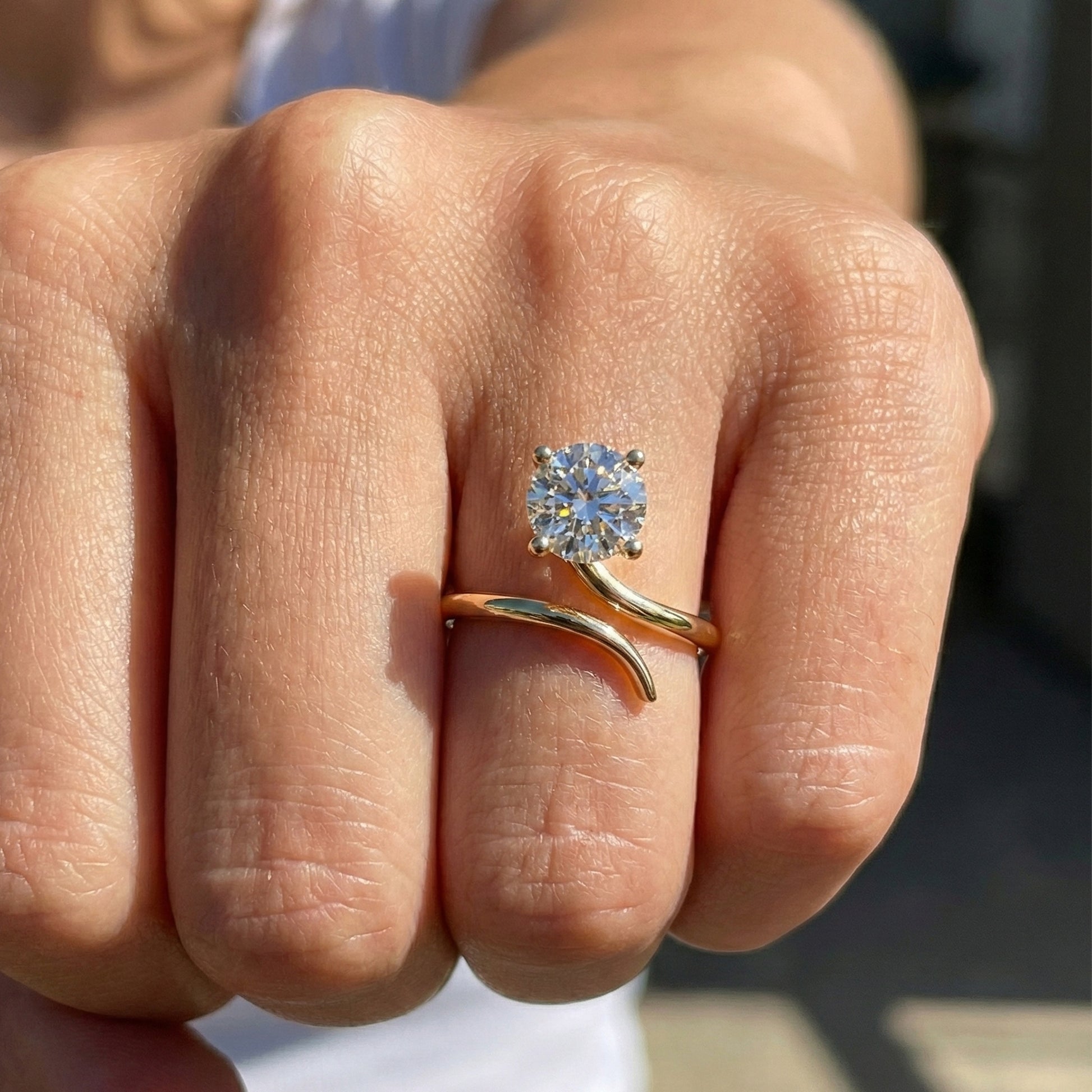 Twisted Band Bypass Solitaire Engagement Ring in 14k Solid Gold, 1.00 CT Round Cut Lab Created Diamond, Unique Shank Ring, Anniversary Gift for Women