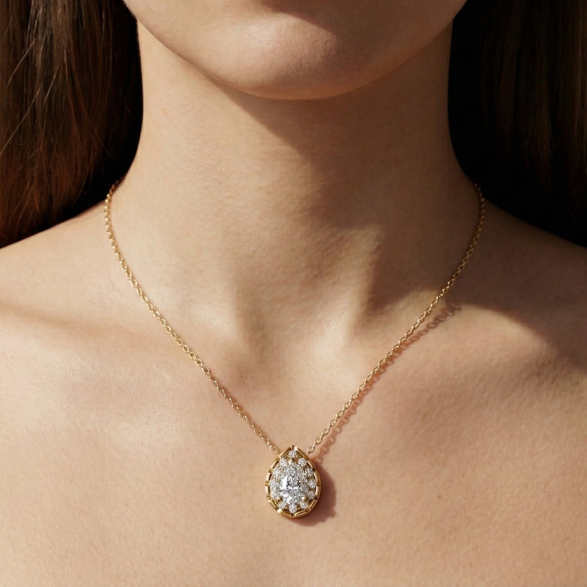 Pear Cut Halo Teardrop Wedding Pendant in 14k Solid Gold, 0.75 CT Pear Cut Lab Created Diamond, Anniversary Gift for Her, Handmade Everyday Jewelry