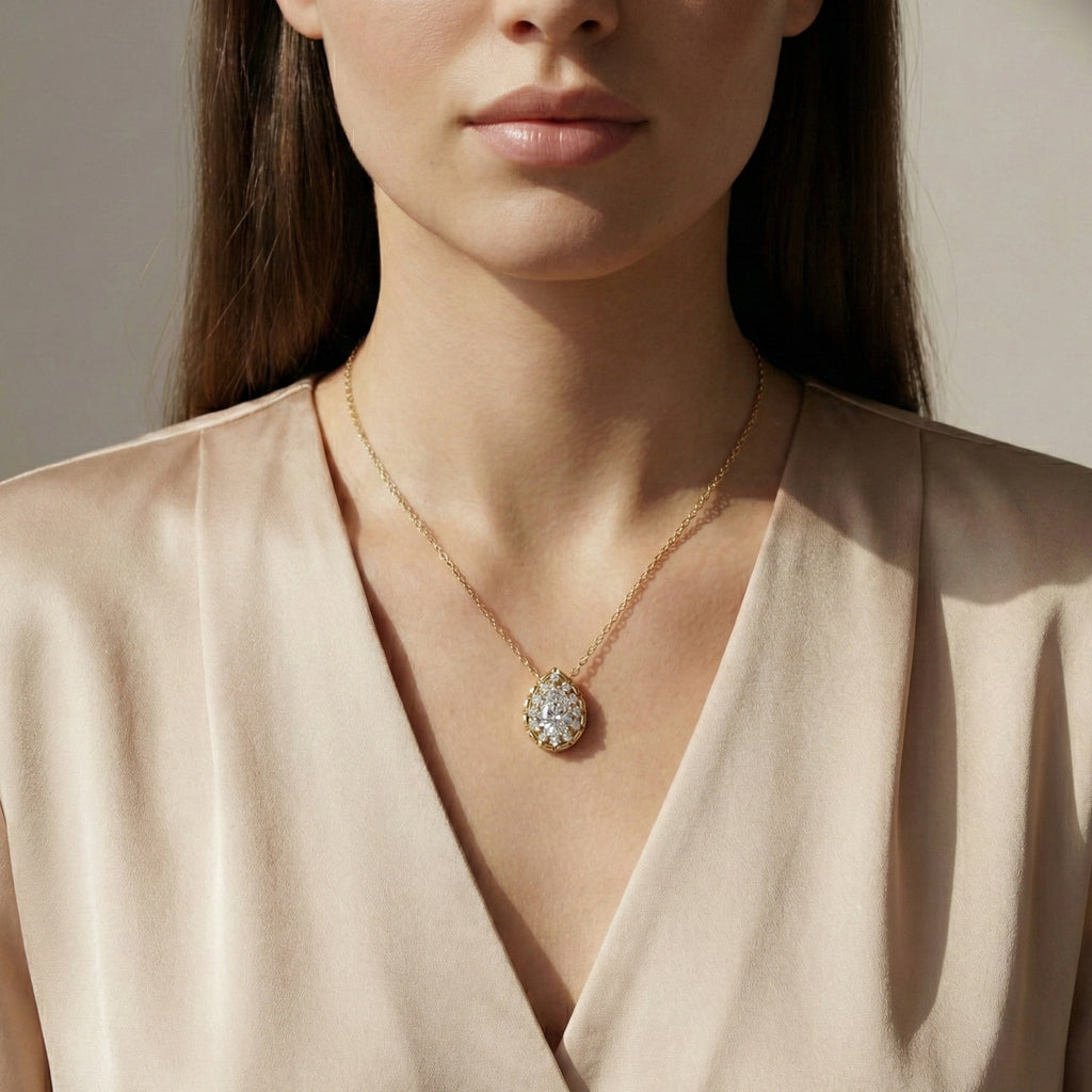 Pear Cut Halo Teardrop Wedding Pendant in 14k Solid Gold, 0.75 CT Pear Cut Lab Created Diamond, Anniversary Gift for Her, Handmade Everyday Jewelry