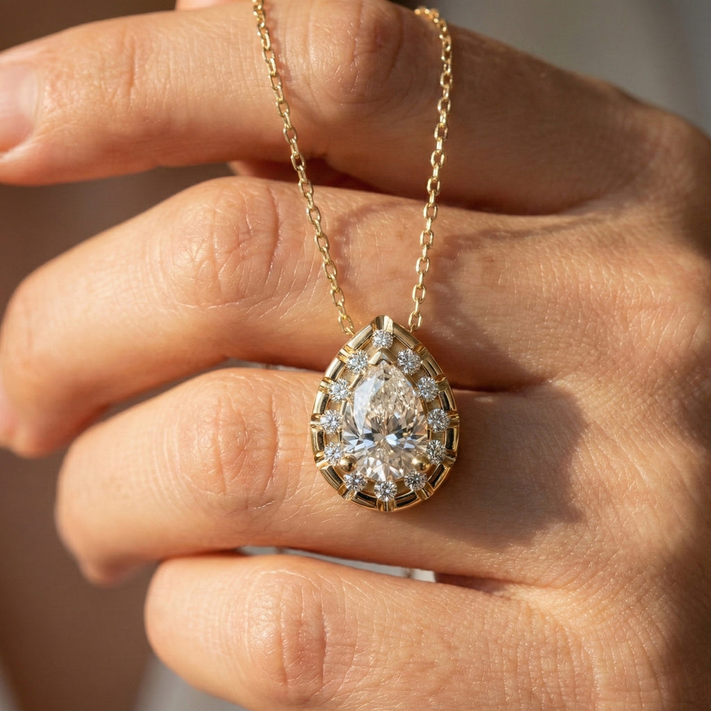 Pear Cut Halo Teardrop Wedding Pendant in 14k Solid Gold, 0.75 CT Pear Cut Lab Created Diamond, Anniversary Gift for Her, Handmade Everyday Jewelry