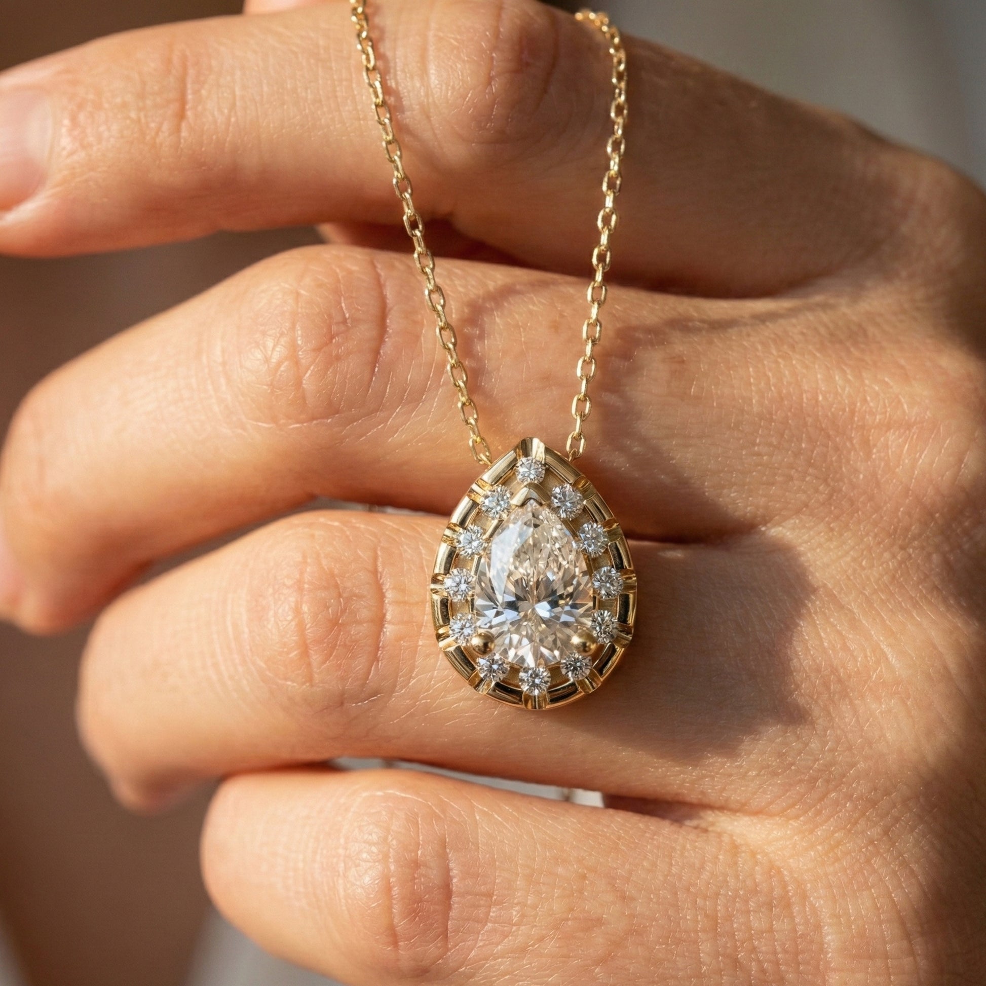 Pear Cut Halo Teardrop Wedding Pendant in 14k Solid Gold, 0.75 CT Pear Cut Lab Created Diamond, Anniversary Gift for Her, Handmade Everyday Jewelry