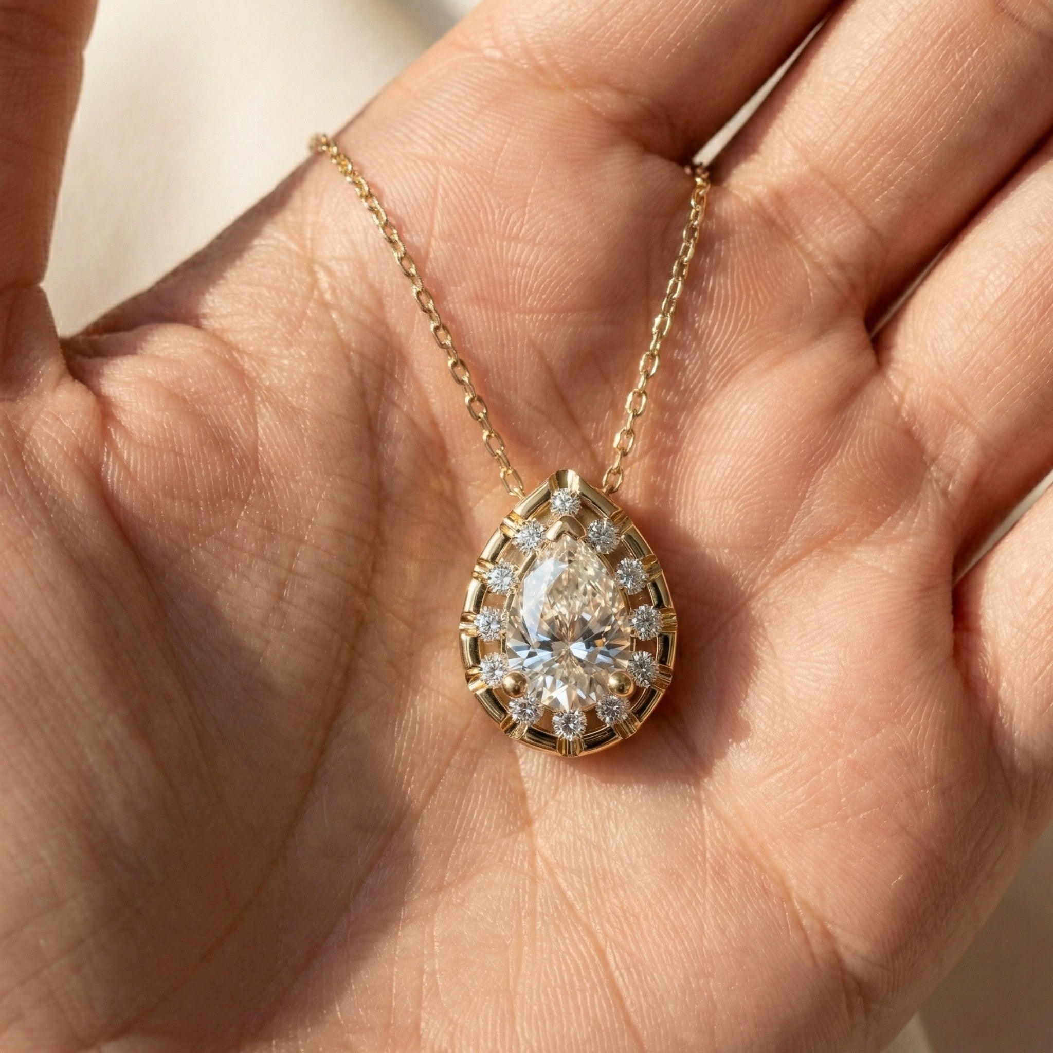 Pear Cut Halo Teardrop Wedding Pendant in 14k Solid Gold, 0.75 CT Pear Cut Lab Created Diamond, Anniversary Gift for Her, Handmade Everyday Jewelry