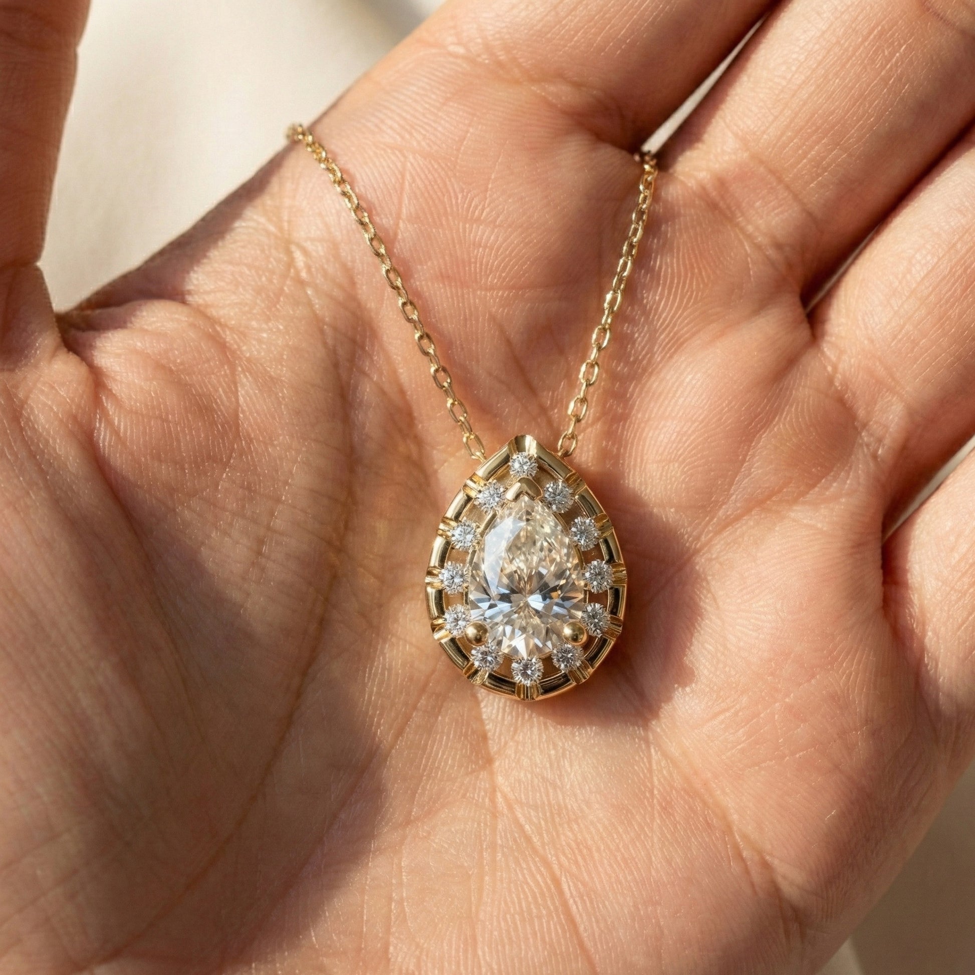 Pear Cut Halo Teardrop Wedding Pendant in 14k Solid Gold, 0.75 CT Pear Cut Lab Created Diamond, Anniversary Gift for Her, Handmade Everyday Jewelry