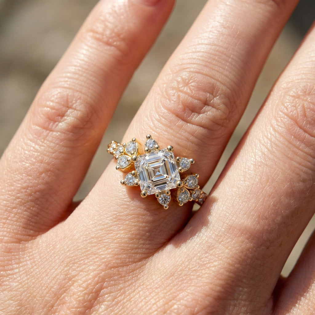 Unique Halo Cluster Engagement Ring in 14K Solid Gold, 1.00 CT Princess Cut Lab Created Diamond, Handmade Bridal Jewelry, Anniversary Gift for Her