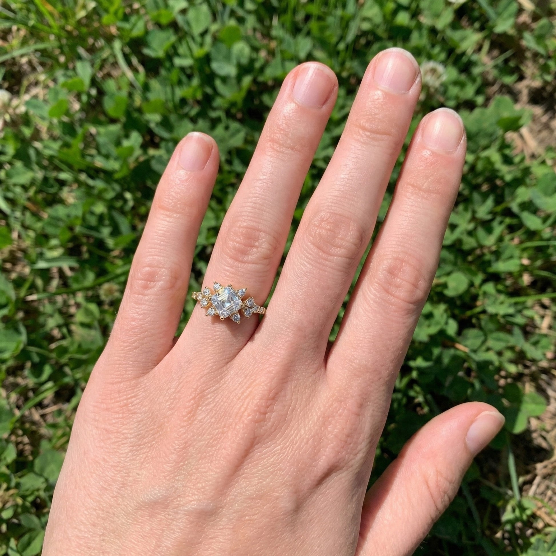 Unique Halo Cluster Engagement Ring in 14K Solid Gold, 1.00 CT Princess Cut Lab Created Diamond, Handmade Bridal Jewelry, Anniversary Gift for Her