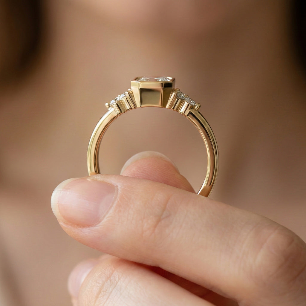 Unique Emerald Centerpiece Engagement Ring in 14K Solid Gold, 0.45 CT Emerald Cut Lab Created Diamond, Engagement Ring, Gift For Her