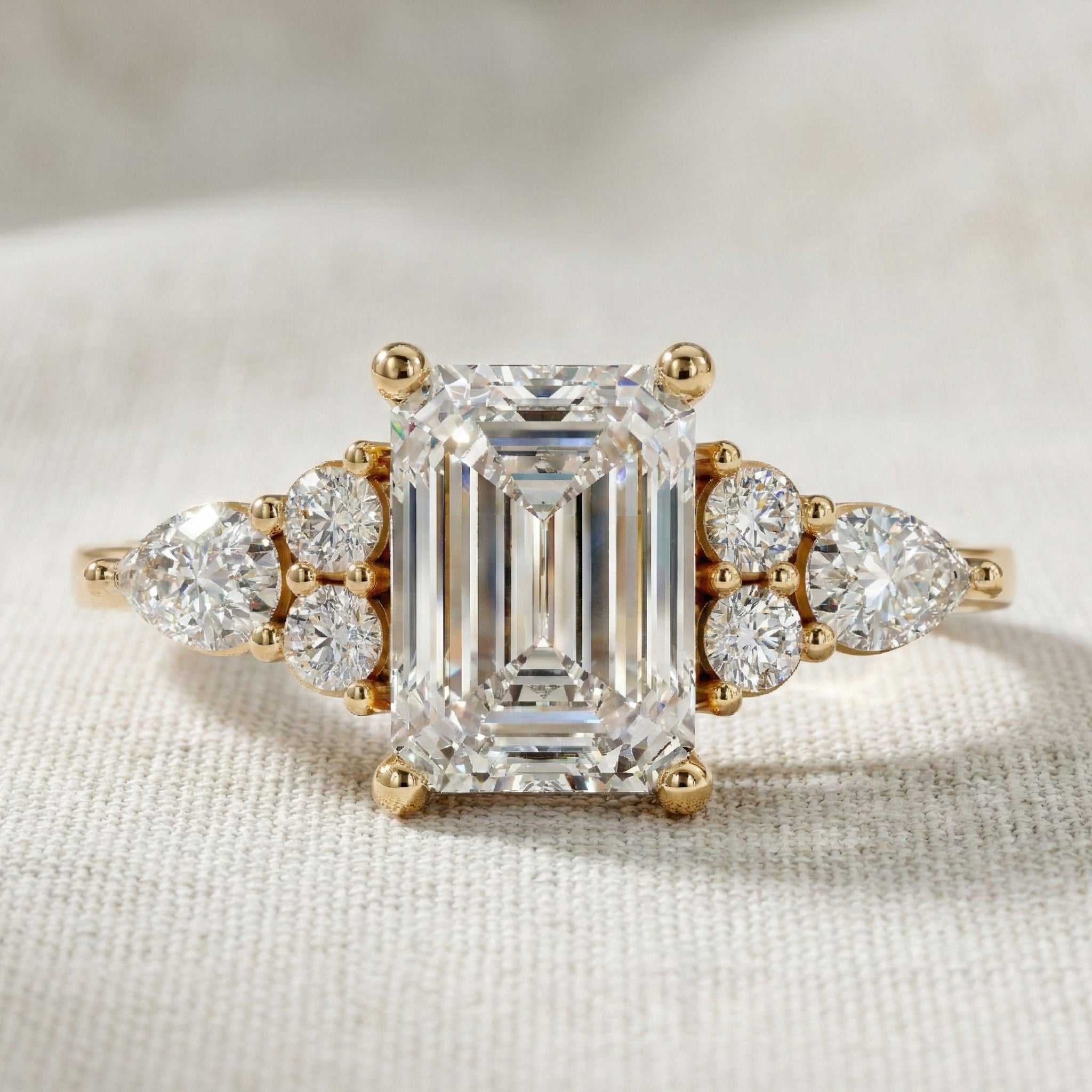 1.00 CT Emerald Cut Cluster Trio Engagement Ring in Lab Diamond – 14k Solid Gold, Anniversary Gift for Wife, Everyday Wedding Ring