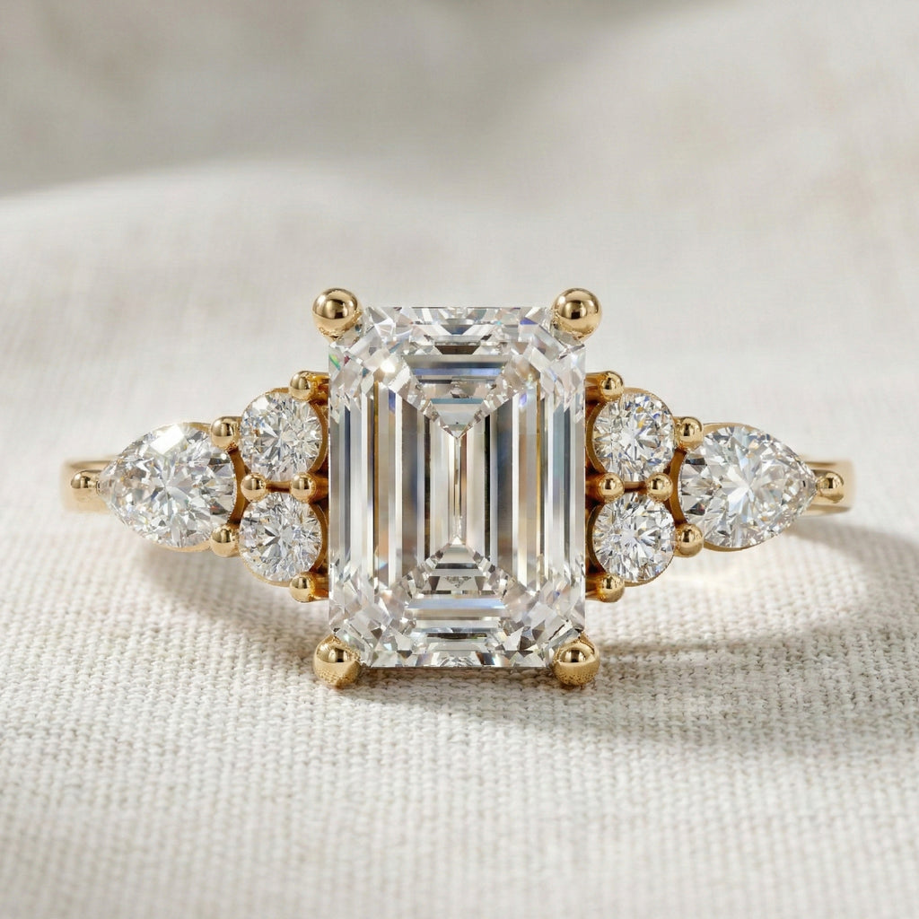 1.00 CT Emerald Cut Cluster Trio Engagement Ring in Lab Diamond – 14k Solid Gold, Anniversary Gift for Wife, Everyday Wedding Ring