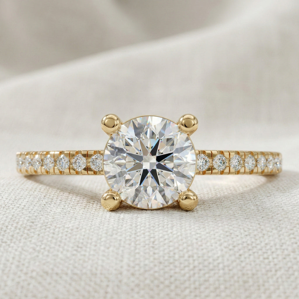 Dainty Pavé Solitaire Engagement Ring in 14K Solid Gold, 0.77 TCW Round Cut Lab Created Diamonds, Wedding Gift for Her, Daily Wear Ring