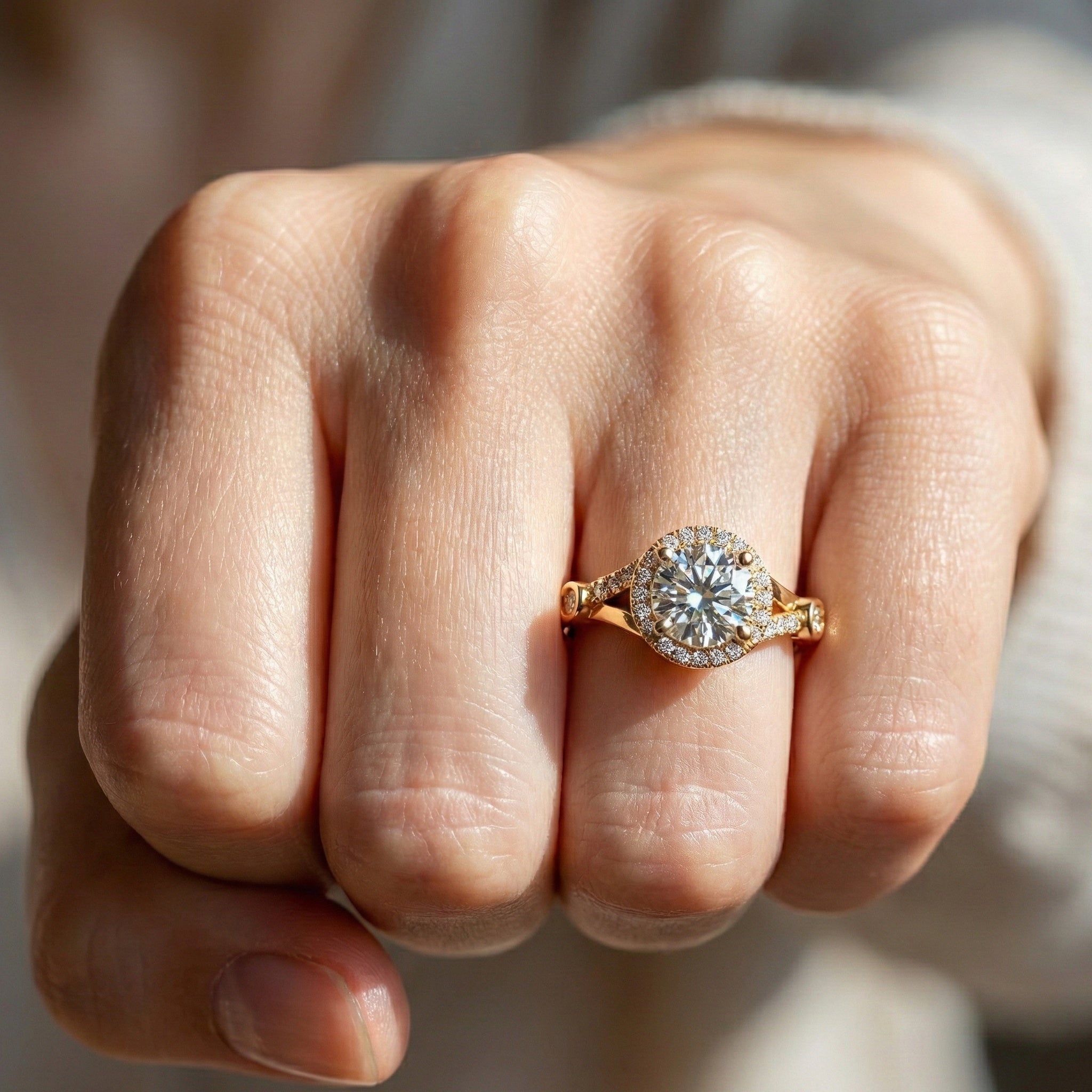 Round Halo Split Shank Engagement Ring in 14K Solid Gold, 0.70 CT Round Cut Lab Created Diamond, Proposal Ring, Gift for Her