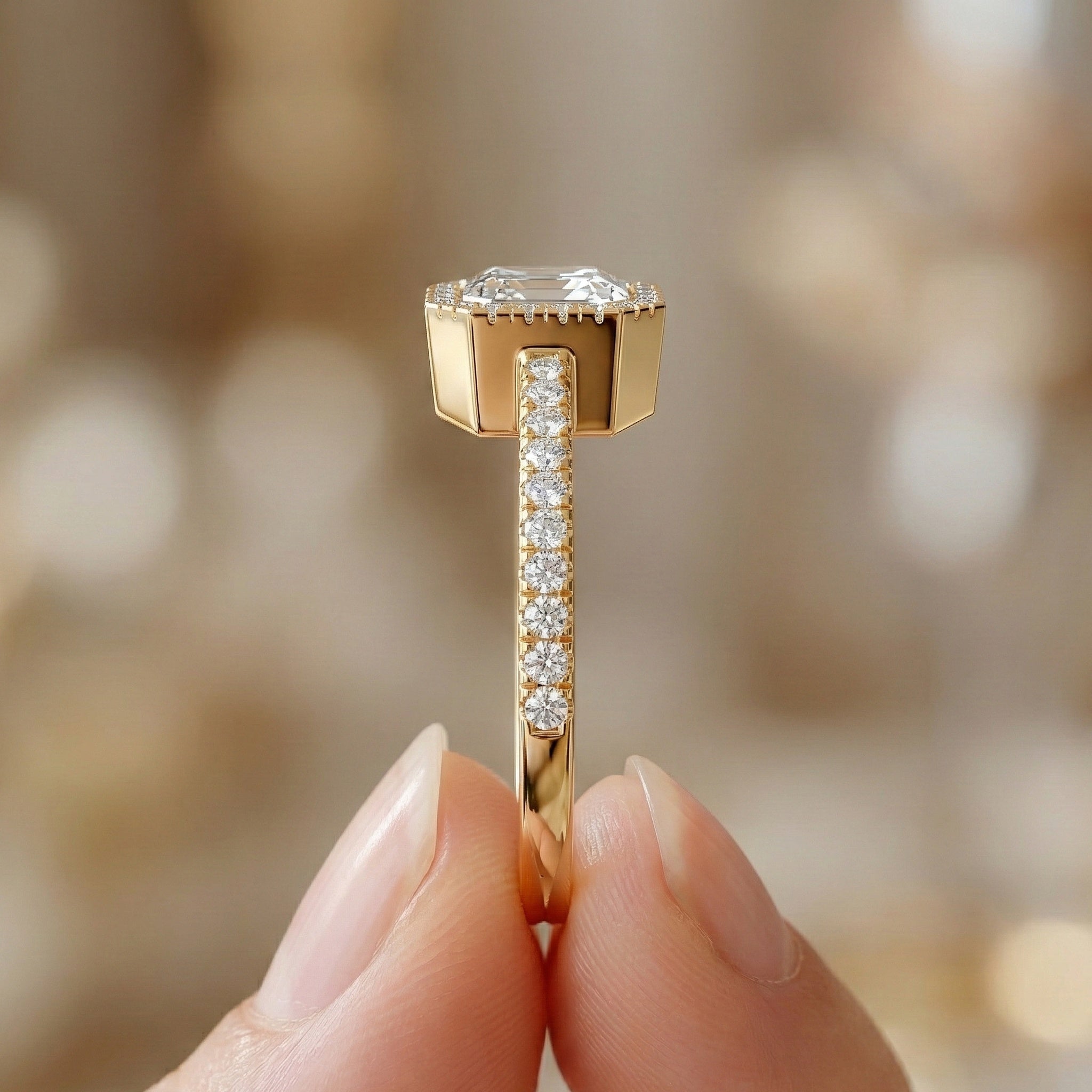 Square Halo Pave Engagement Ring in 14K Solid Gold, 1.00 CT Asscher Cut Lab Grown Diamond, Anniversary Gift For Her, Everyday Jewelry