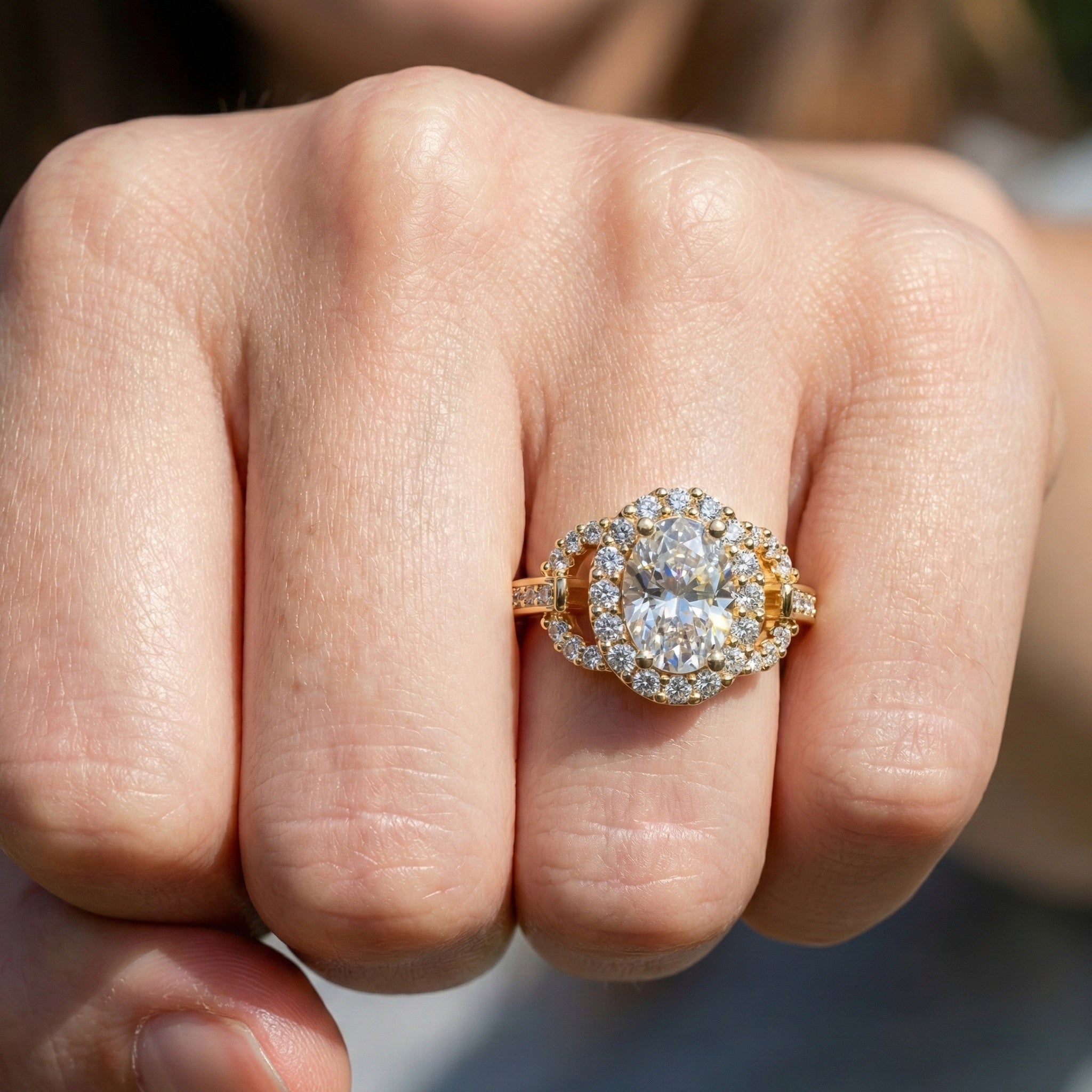 Elegant Oval Double Halo Pave Engagement Ring in 14k Solid Gold, 1.25 CT Oval Cut Lab Created Diamonds, Anniversary Gift