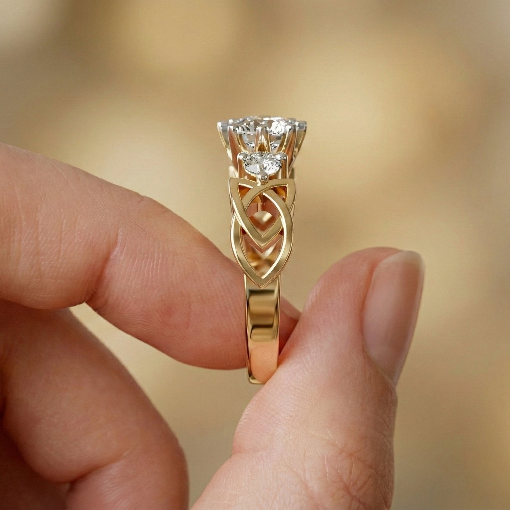 Modern Celtic Knot Trilogy Engagement Ring in 14K Solid Gold, 0.84 CT Round Cut Lab Created Diamond,Promise Ring, Anniversary Gift For Her