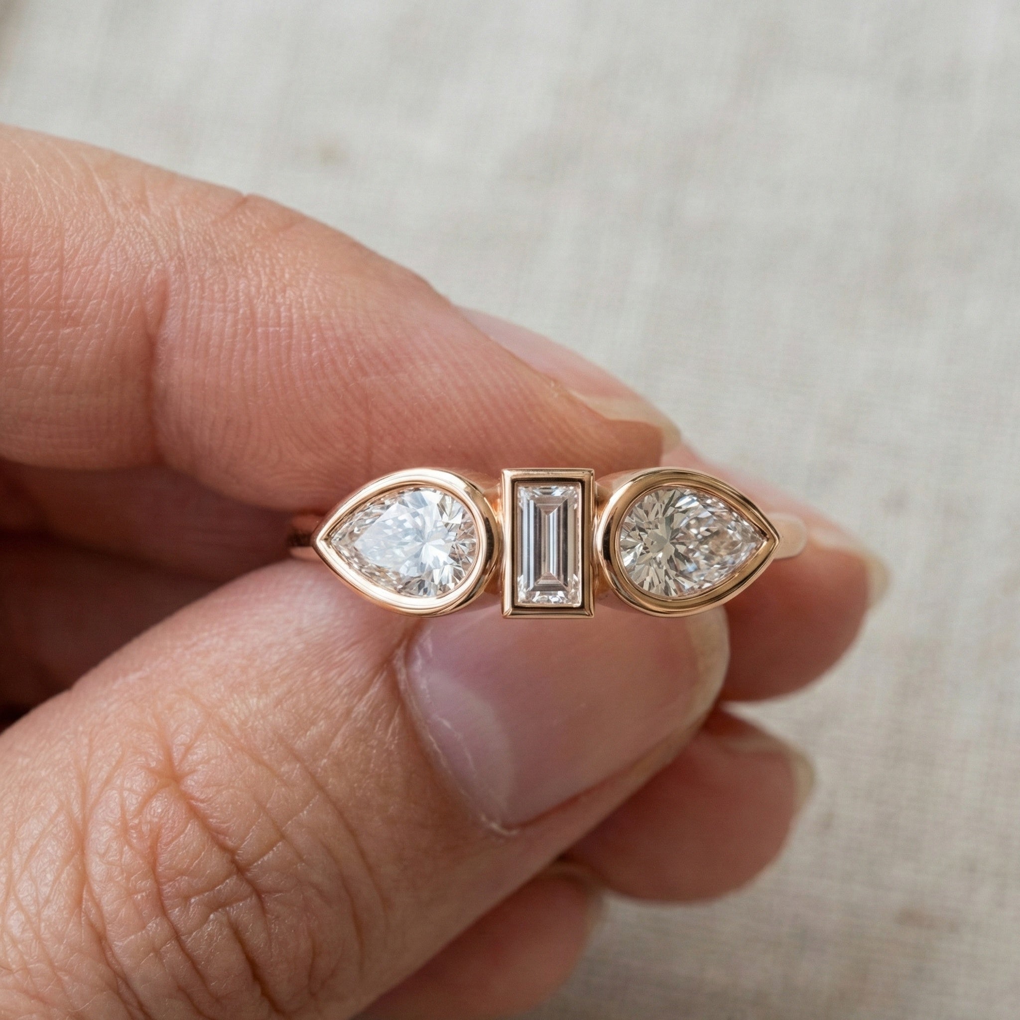 Unique Bezel Set Three Stone Engagement Ring in 14K Solid Gold, 0.36 TCW Pear/Baguette Cut Lab Created Diamonds, Birthday Gift for Her, Daily Wear Ring