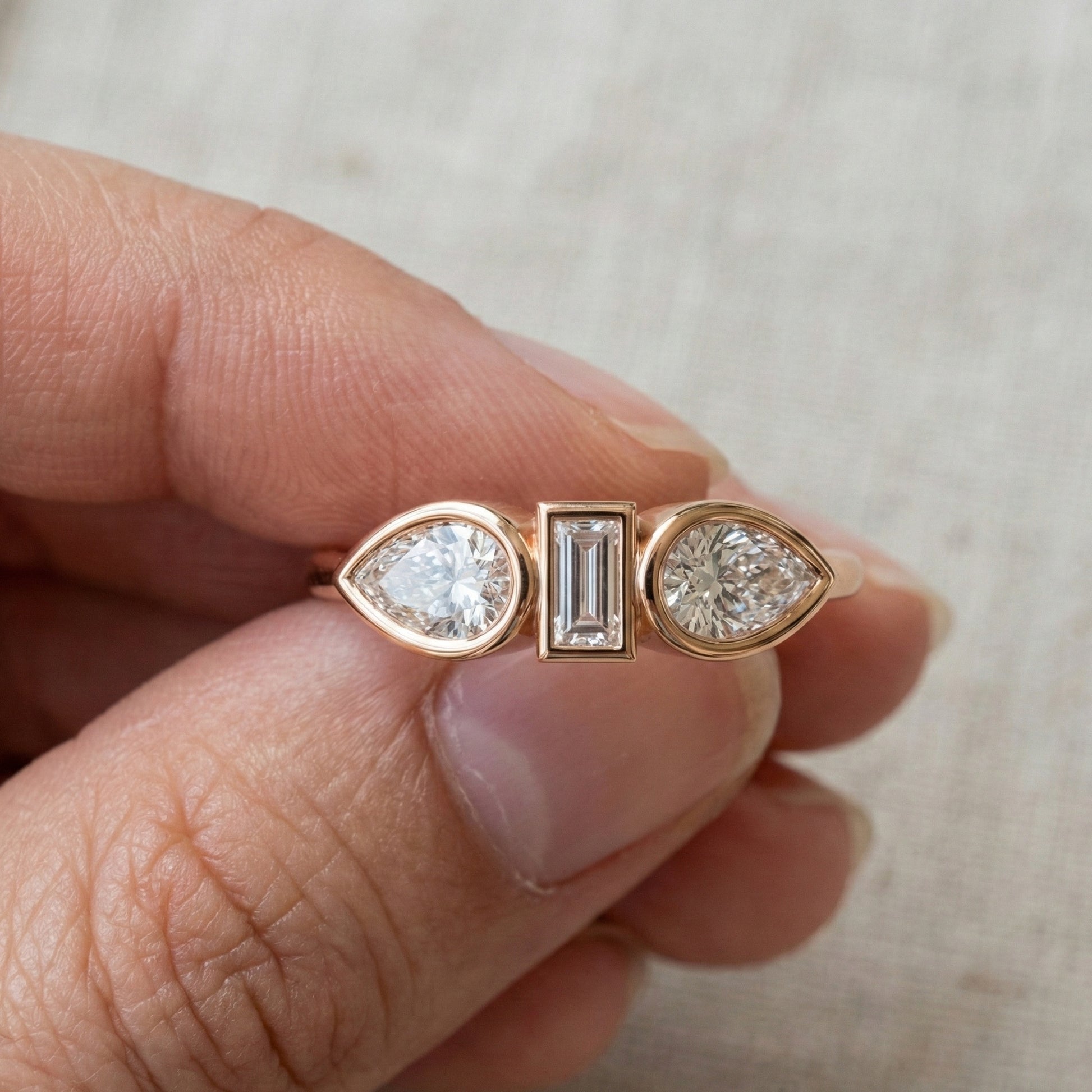 Unique Bezel Set Three Stone Engagement Ring in 14K Solid Gold, 0.36 TCW Pear/Baguette Cut Lab Created Diamonds, Birthday Gift for Her, Daily Wear Ring