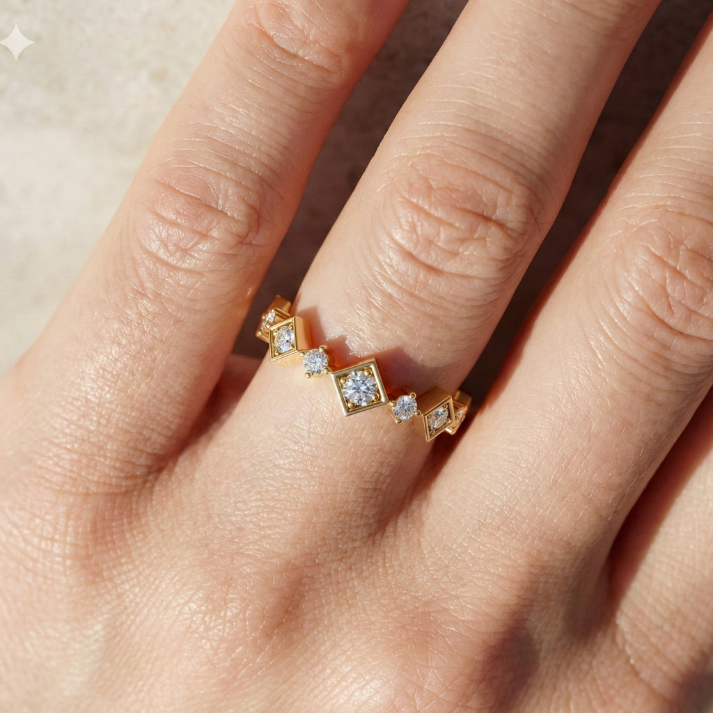 Art Deco Inspired Geometric Diamond Wedding Band in Lab Diamond-14k Solid Gold, Unique Band For Her,