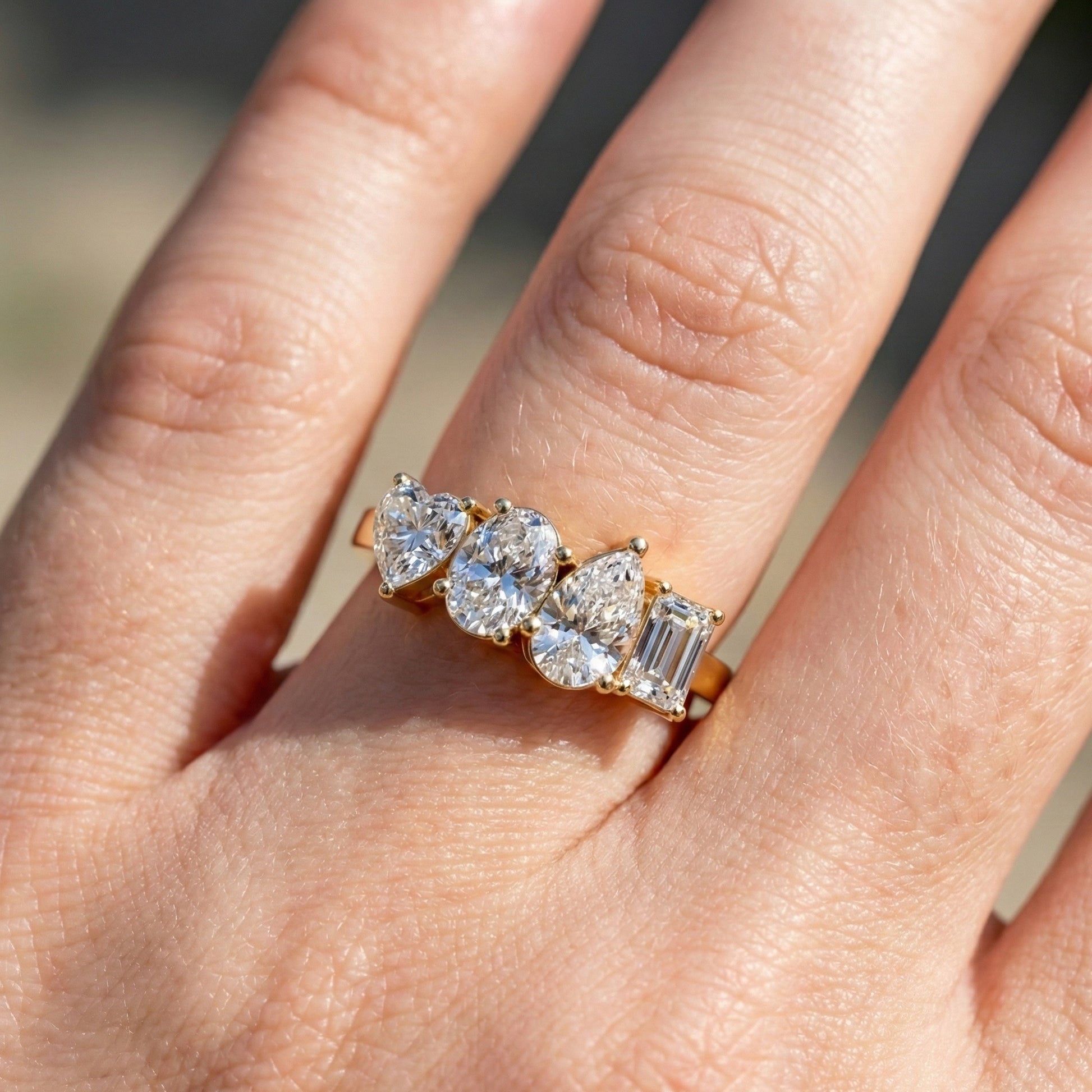 Four Stone East-West Engagement Ring in 14K Solid Gold, 1.99 TCW Heart/Oval/Pear/Emerald Cut Lab Grown Diamonds, Wedding Gift for Wife, Bridal Jewelry