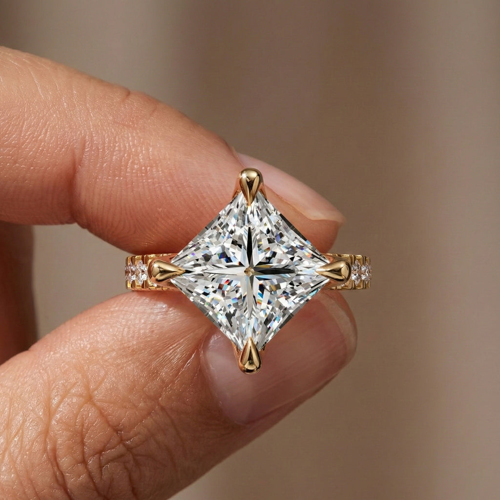 Princess Cut Pavé Solitaire Engagement Ring in 14K Solid Gold, 2.00 CT Princess Cut Lab Grown Diamond, Bridal Jewelry, Gift For Her