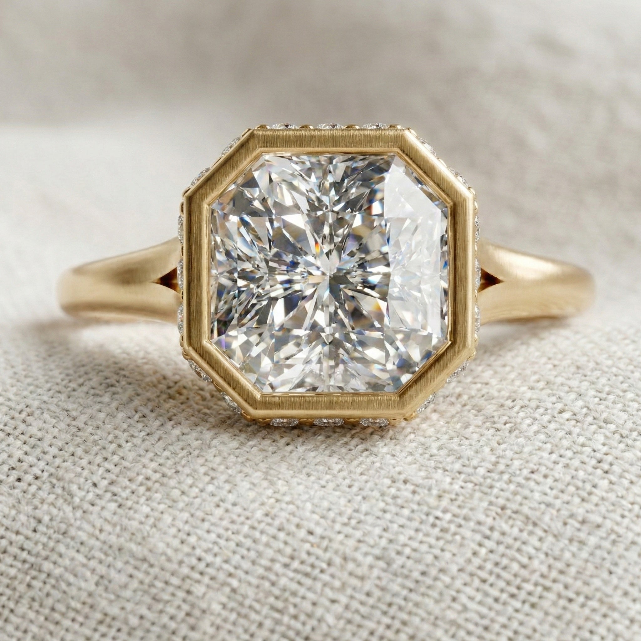Bold Asscher Cut Bezel Hidden Halo Engagement Ring in Lab Grown Diamond – 18K Solid Gold, Tapered Band Geometric Solitaire Ring, Anniversary Gift for Wife
