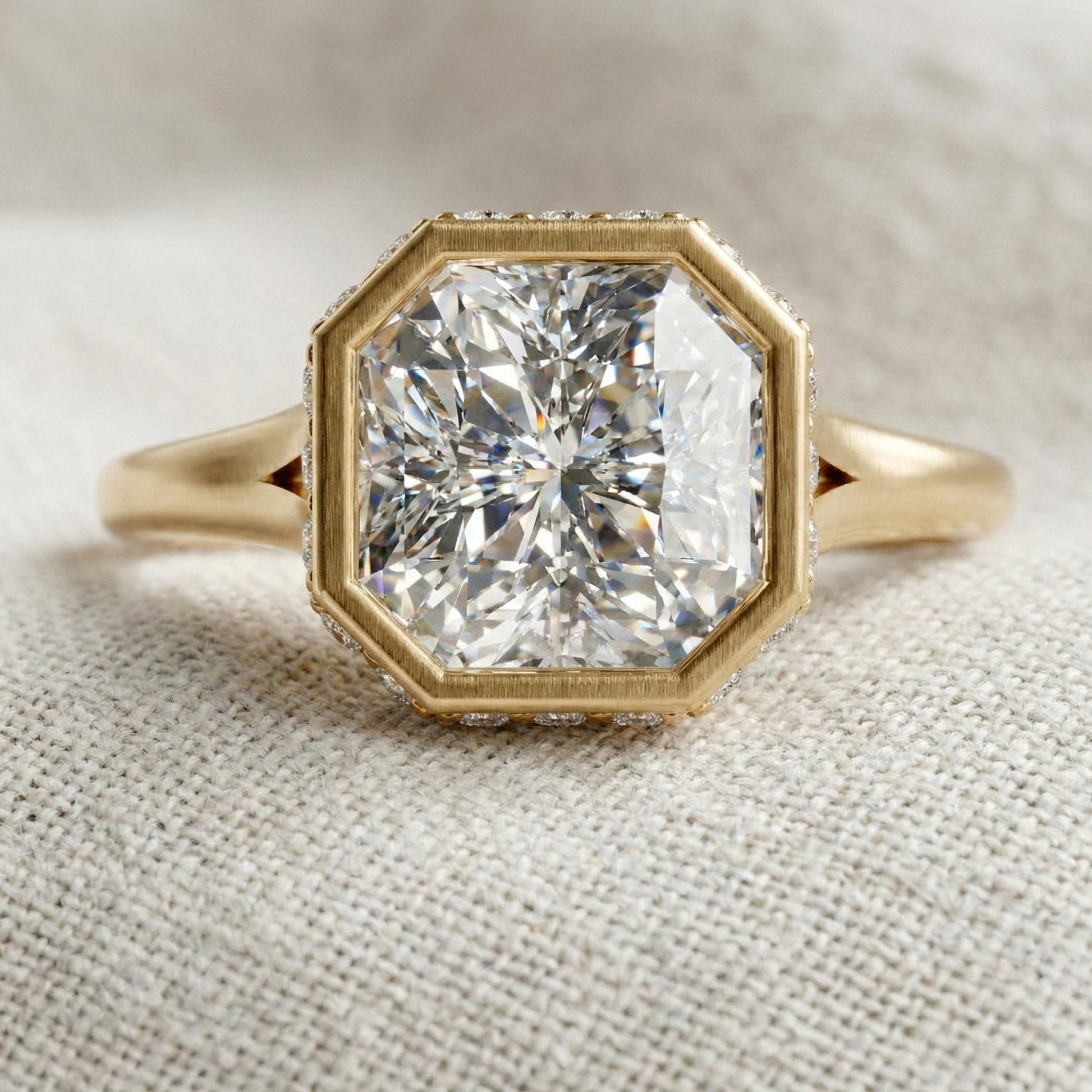 Bold Asscher Cut Bezel Hidden Halo Engagement Ring in Lab Grown Diamond – 18K Solid Gold, Tapered Band Geometric Solitaire Ring, Anniversary Gift for Wife