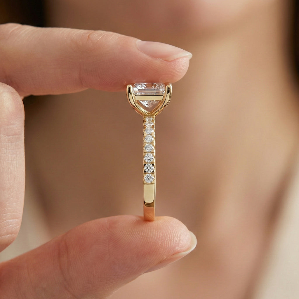 1.00 CT Princess Cut Pavé Band Solitaire Engagement Ring in Lab Grown Diamond - 14K Solid Gold, Bridal Gift for Her, Everyday Fine Jewelry