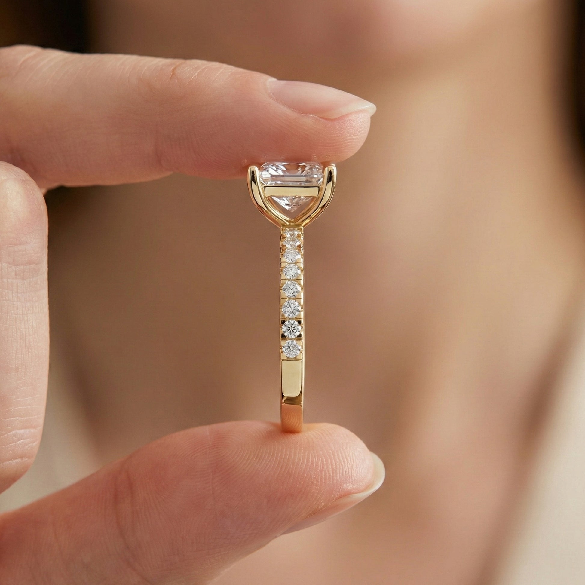 1.00 CT Princess Cut Pavé Band Solitaire Engagement Ring in Lab Grown Diamond - 14K Solid Gold, Bridal Gift for Her, Everyday Fine Jewelry