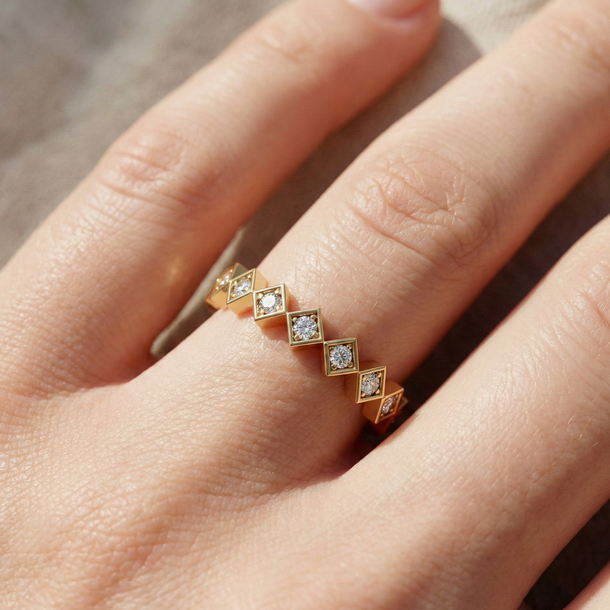 Contemporary Square Station Wedding Band in 14K Solid Gold, 0.07 TCW Round Cut Lab Grown Diamonds, Wedding Stacking Band, Graduation Gift for Her