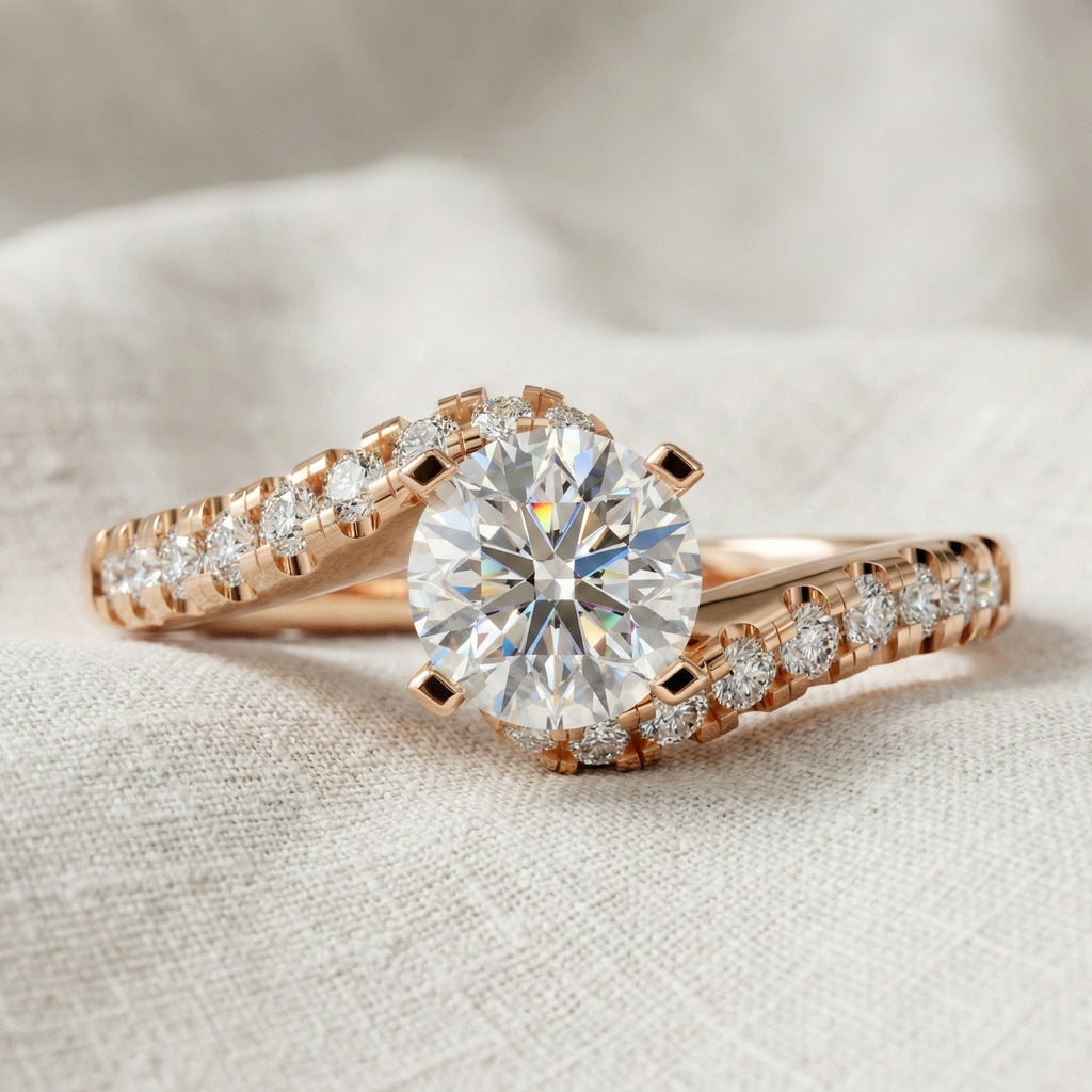 Elegant Bypass Pave Solitaire Engagement Ring in 14K Solid Gold, 0.50 CT Round Cut Lab Grown Diamond, Handmade Jewelry, Gift for Her