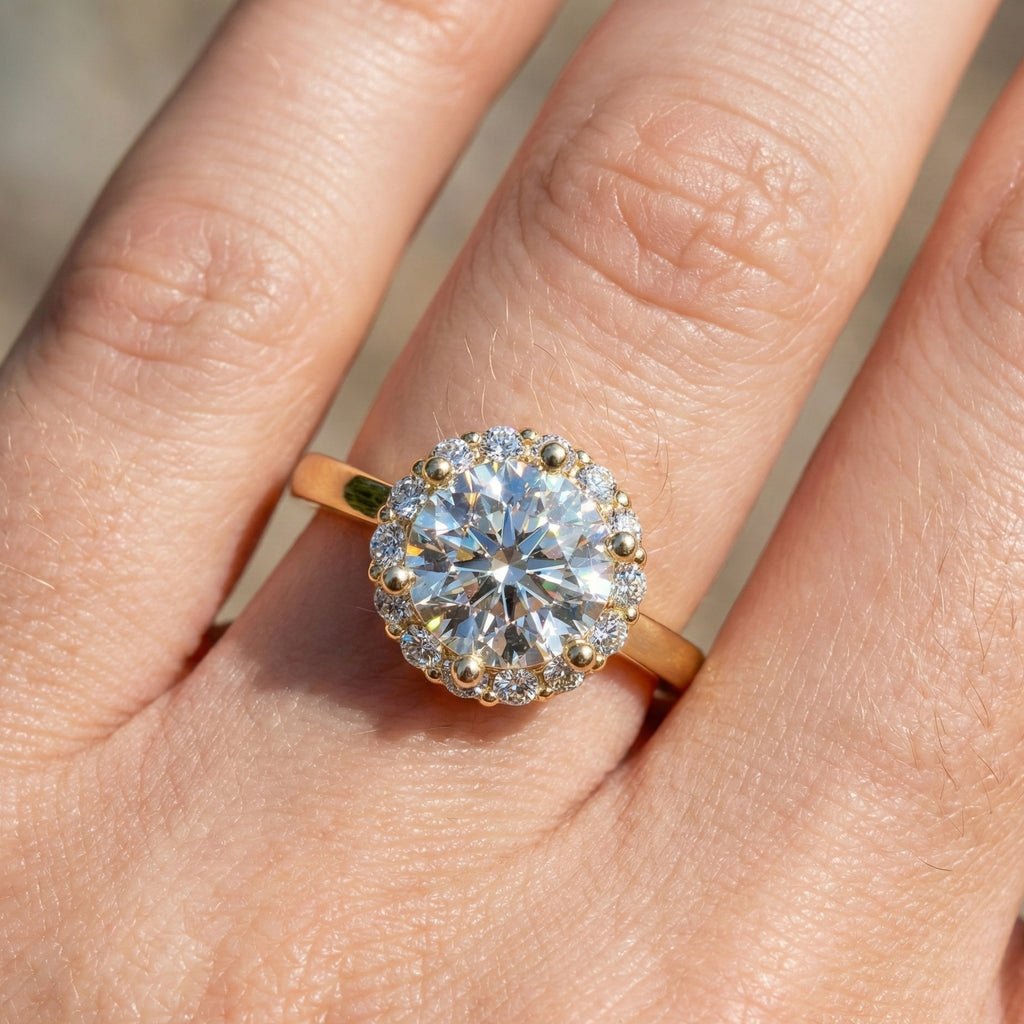 Dainty Round Halo Engagement Ring in 14K Solid Gold, 1.00 CT Round Cut Lab Created Diamond, Proposal Gift for Her