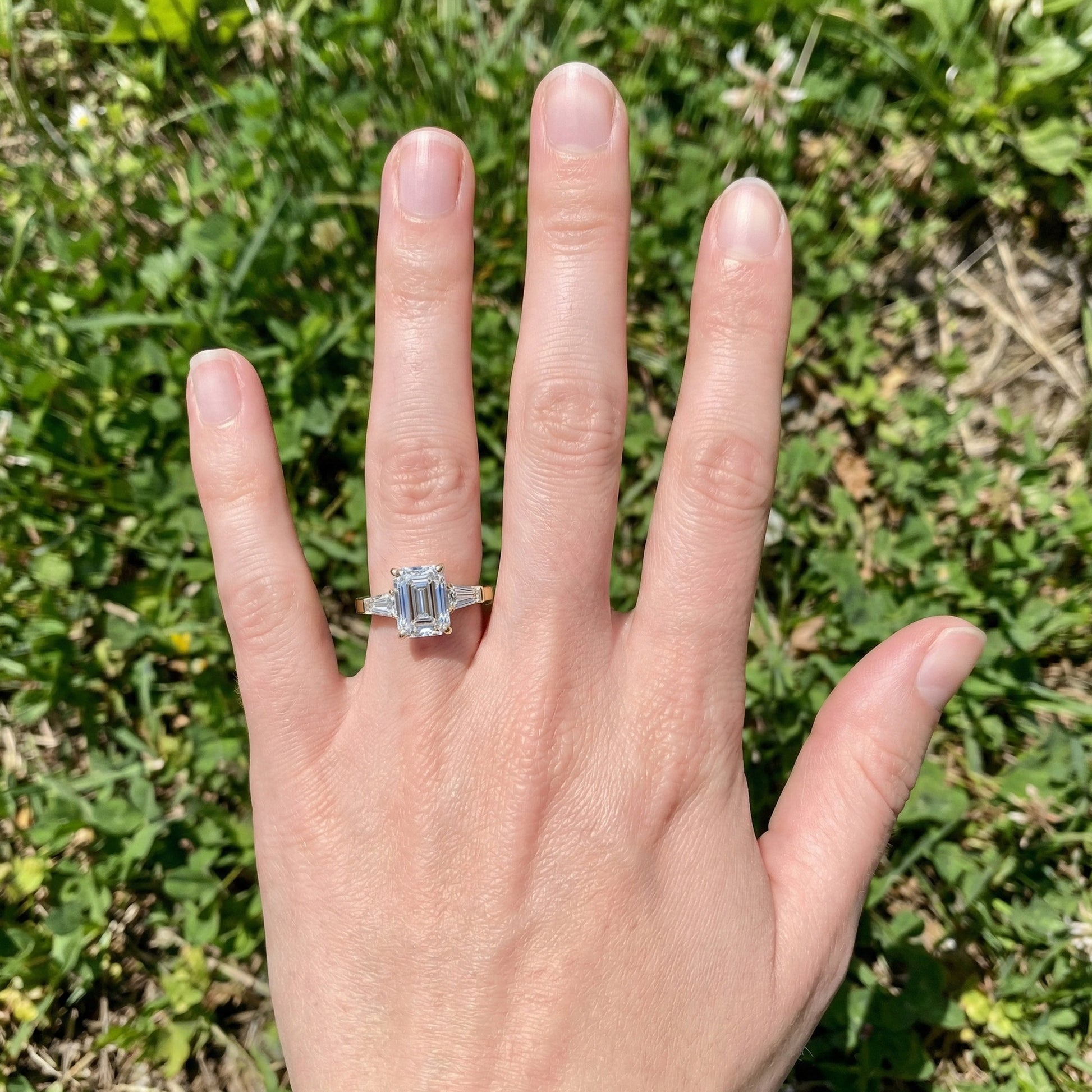 Elegant Emerald Cut Three Stone Engagement Ring in 14K White Gold, Bridal Jewelry, Handmade Jewelry