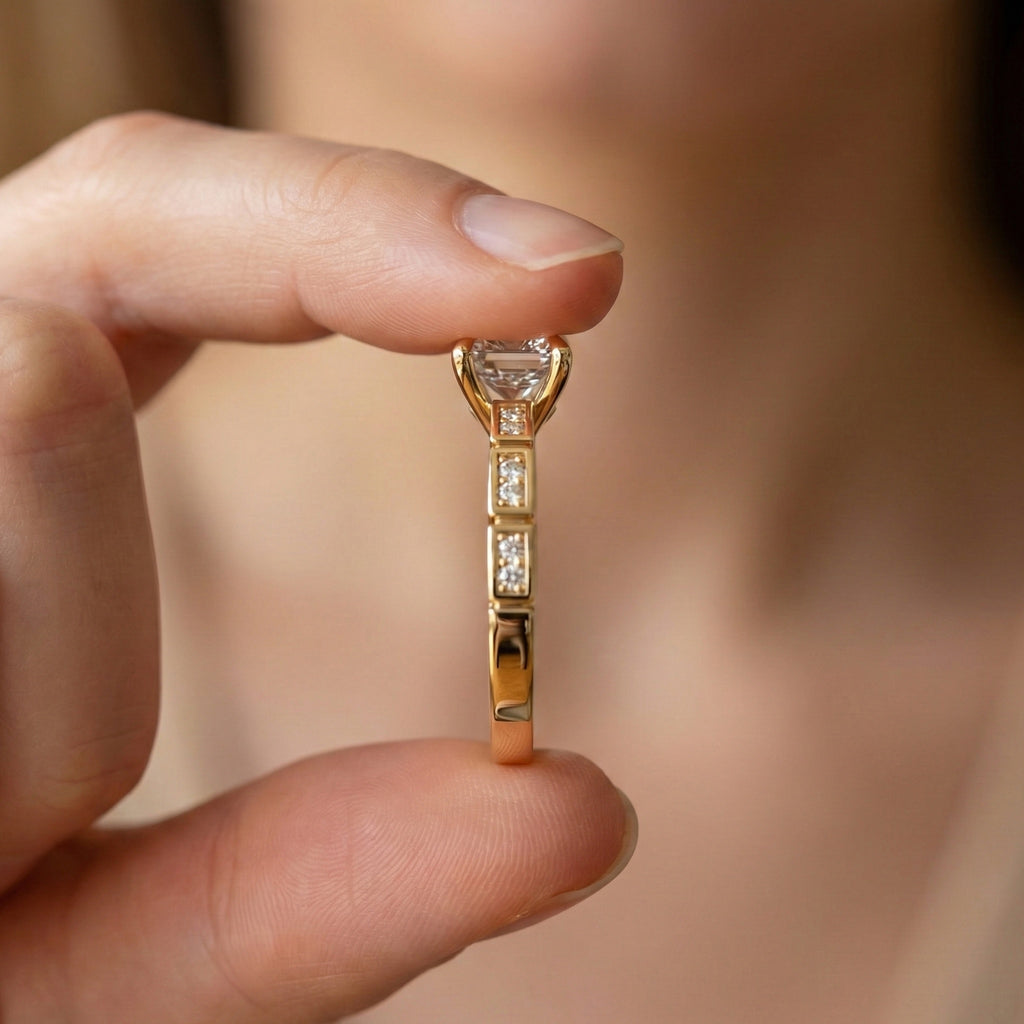 Emerald Cut Segmented Pavé Engagement Ring in 14K Solid Gold, 1.75 CT Emerald Cut Lab Created Diamond, Bridal Jewelry, Birthday Gift For Her