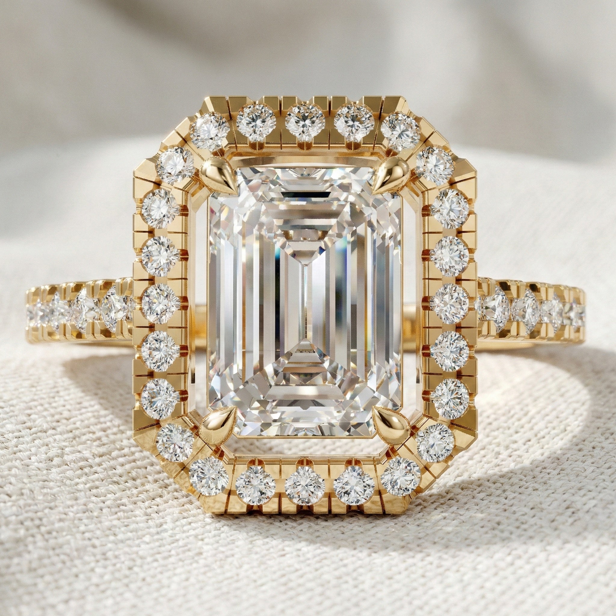 Unique Statement Halo Engagement Ring in 14K Solid Gold, 1.00 CT Emerald Cut Lab Created Diamond, Anniversary Gift For Wife, Handmade Jewelry