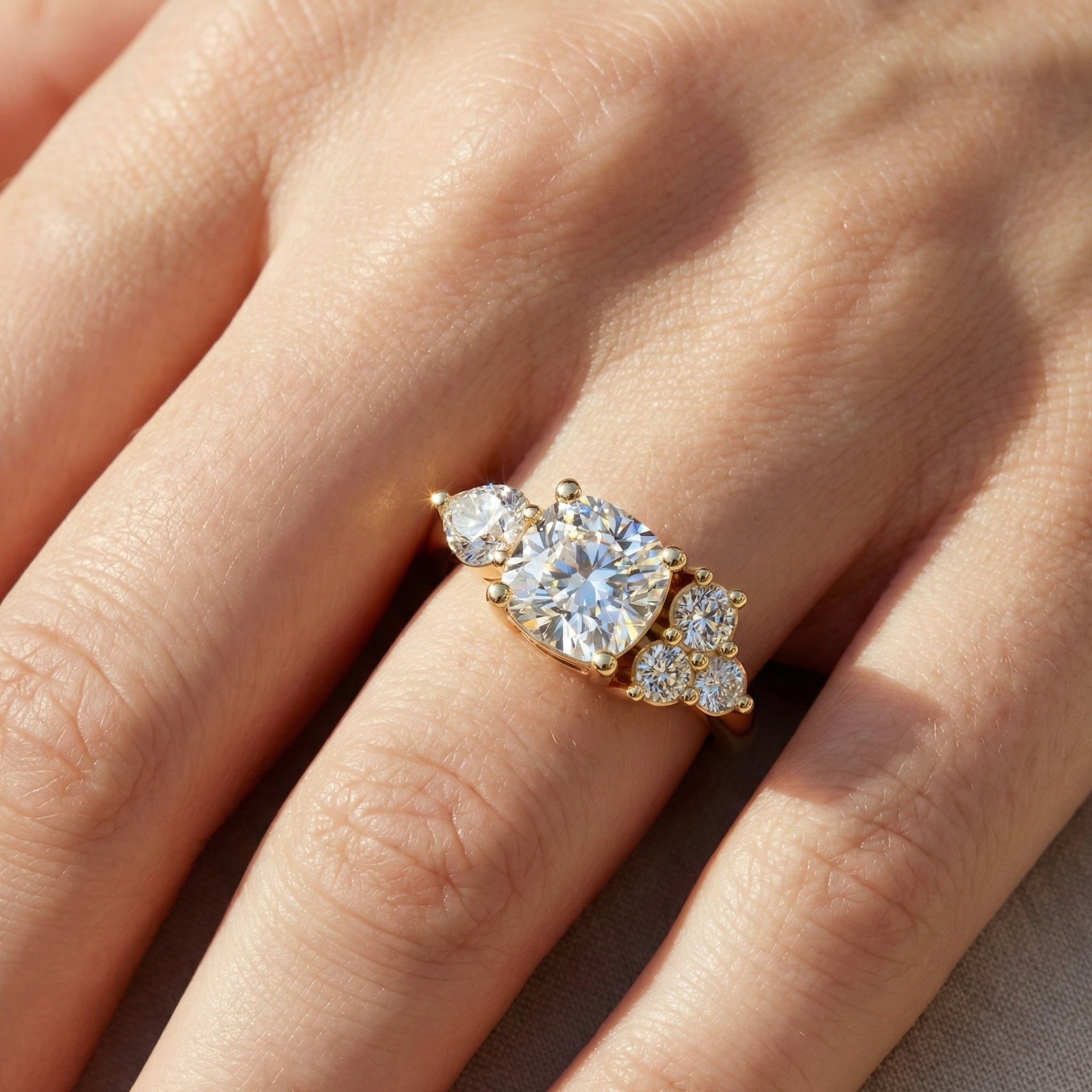 Cushion & Pear Toi et Moi Trio Cluster Anniversary Ring in Lab Grown Diamond – 14K Solid Gold, Daily Wear Jewelry,