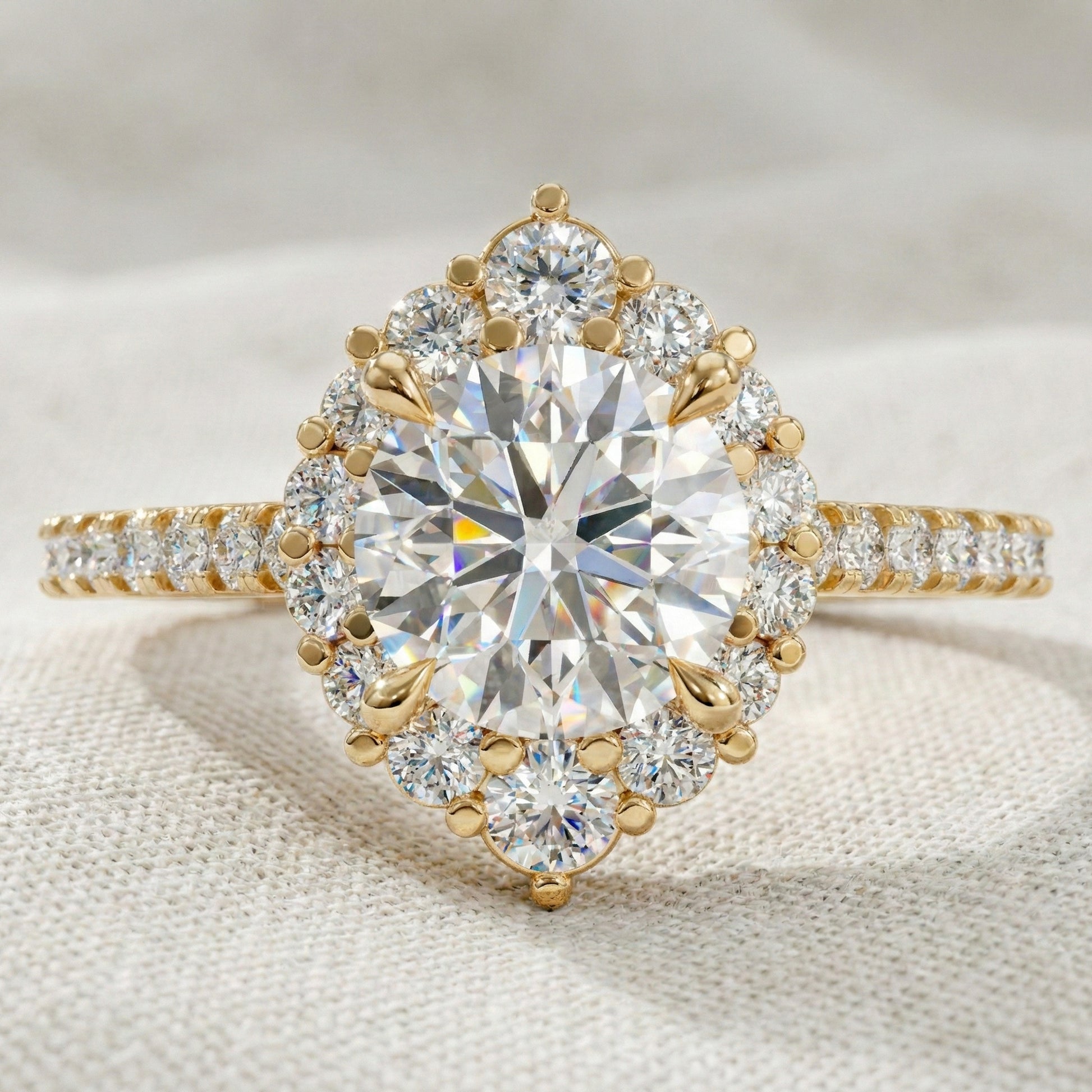 Dainty Floral Diamond Halo Pave Engagement Ring in 14K Solid Gold, 1.00 CT Round Cut Lab Diamond, Handmade Bridal Jewelry, Anniversary Gift for Her