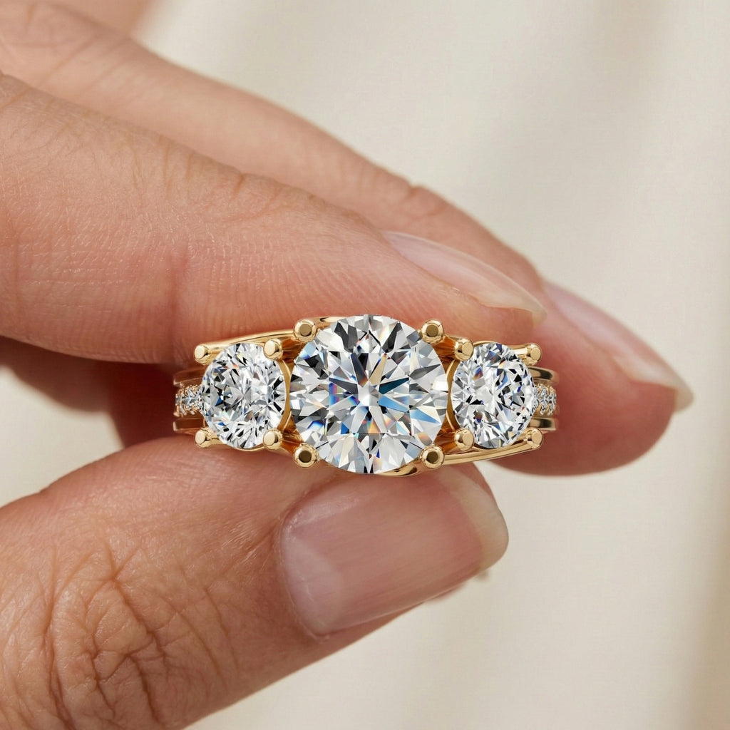 Vintage Three Stone Pave Filigree Engagement Ring in 14k Solid Gold, 1.84 TCW Round Cut Lab Created Diamonds, Everyday Gift for Wife