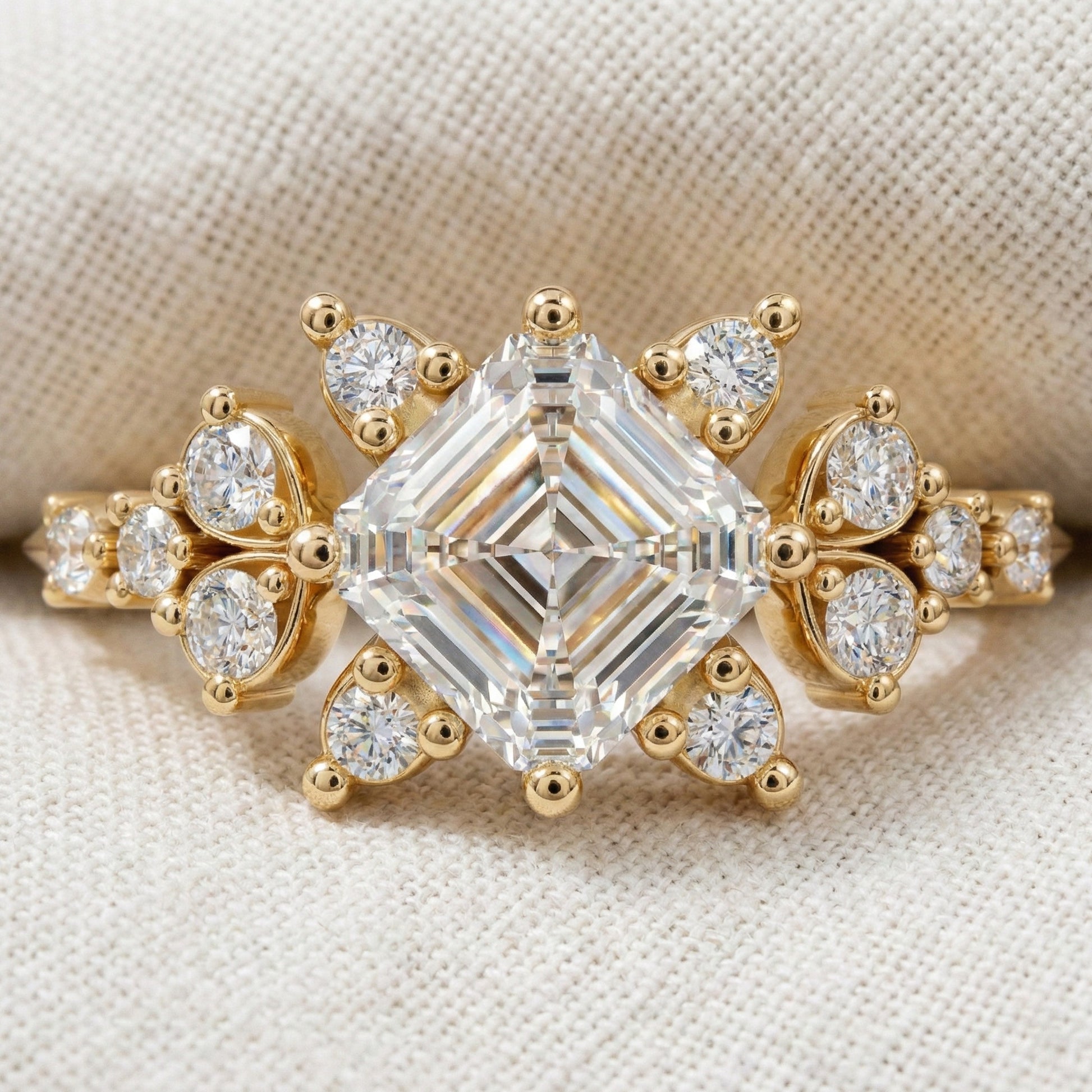 Unique Halo Cluster Engagement Ring in 14K Solid Gold, 1.00 CT Princess Cut Lab Created Diamond, Handmade Bridal Jewelry, Anniversary Gift for Her