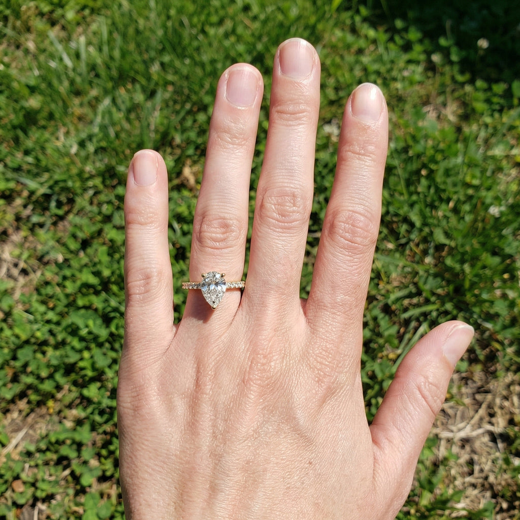 Dainty Pear Solitaire Pavé Engagement Ring in 14K Solid Gold, 1.50 CT Pear Cut Lab Grown Diamond, Proposal Jewelry, Anniversary Gift For Her