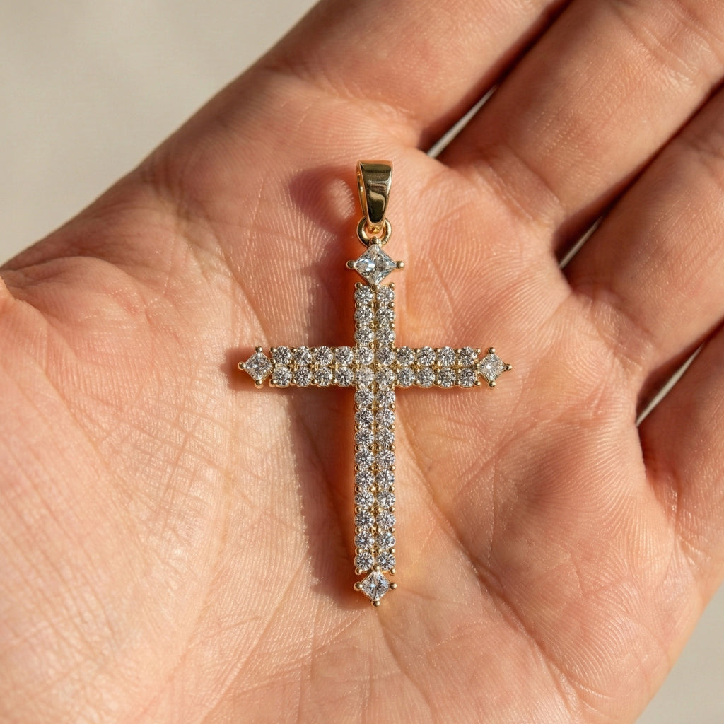 Elegant Pavé Cross Pendant Pendant in 14k Solid Gold, 0.57 TCW Round/Princess Cut Lab Diamonds, Anniversary Gift for Her