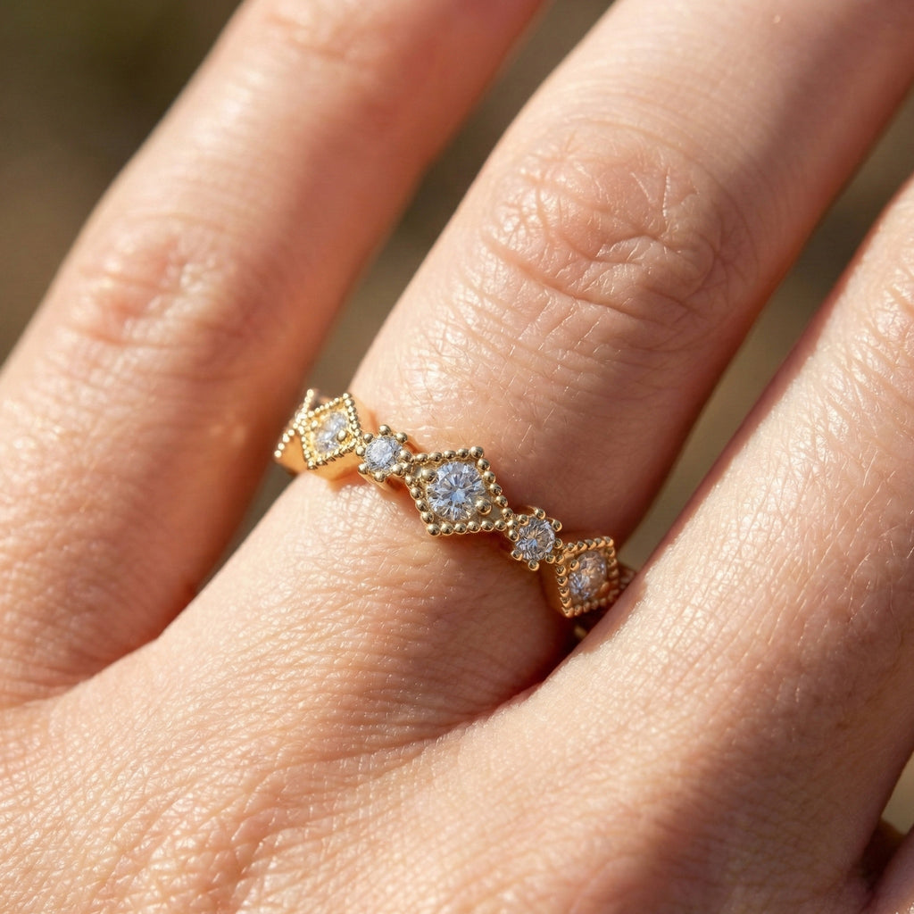 Vintage-Inspired Geometric Milgrain Wedding Band in 14K Solid Gold, 0.10 TCW Round Cut Lab Created Diamond, Stacker Gift For Her